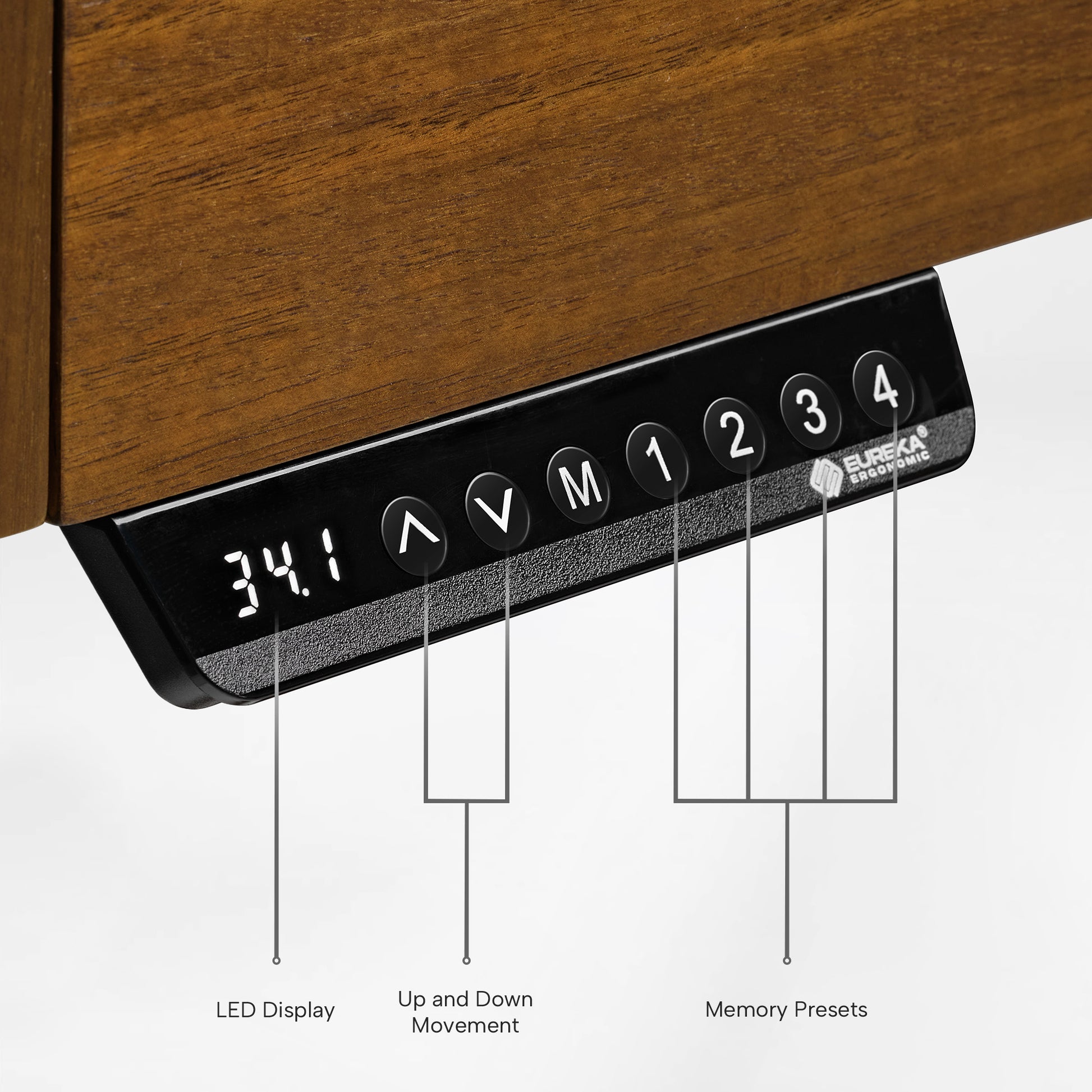 Ark Pro Walnut Desk Control Panel With Height Display, Up/Down Buttons, Memory Presets, Modern Design, Eureka Ergonomic.