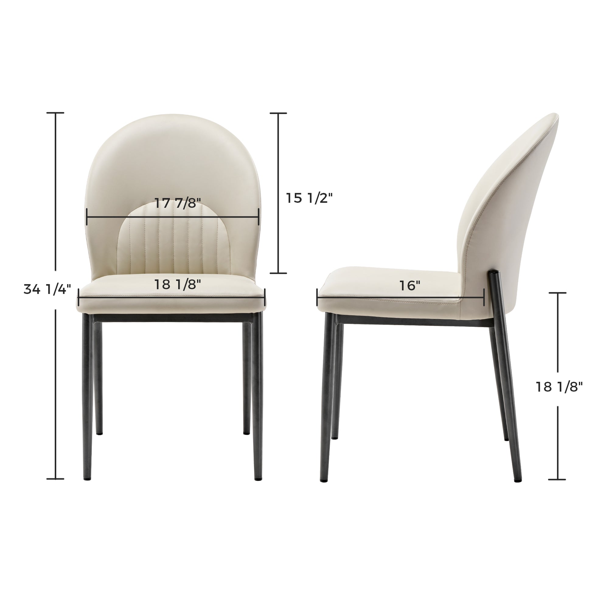 Off-White Upholstered Dining Chair With Black Metal Legs and Dimension Details.