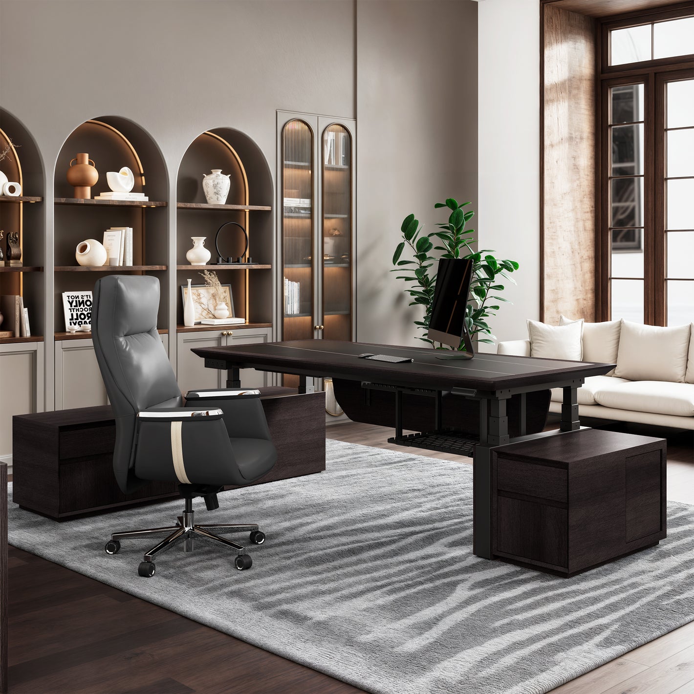 Zen Classic Executive Standing Desk in a Modern Office Setting, Featuring the Desk, Chair, Cabinets, and a Grey Rug.