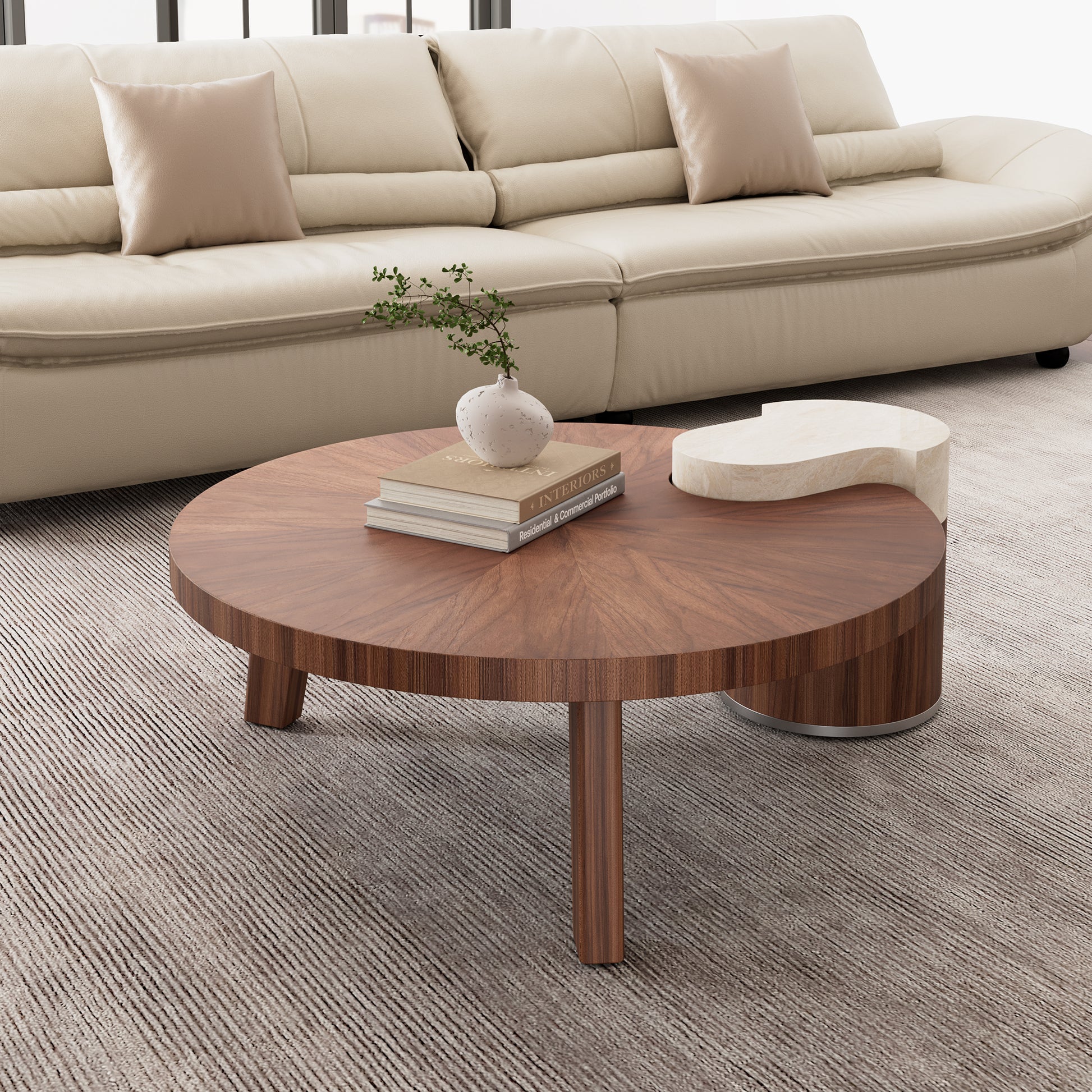 41 Irregular Round Walnut Coffee Table With Marble Accent and Solid Wood Details in a Living Room Setting.