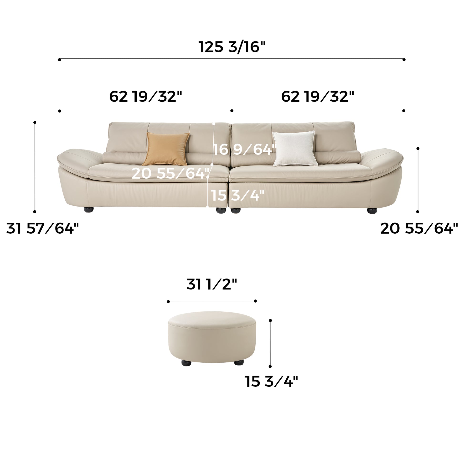 Bella Beige Napa Leather Sofa With Dimensions: 125 3/16 W X 31 57/64 H; Ottoman: 31 1/2W X 15 3/4H.