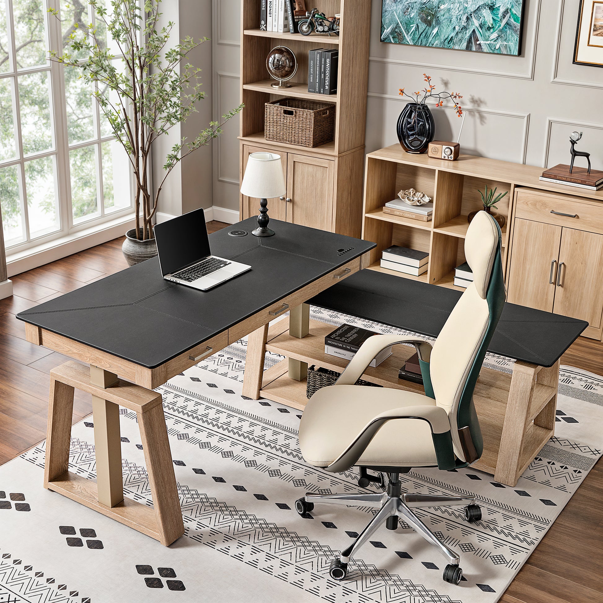 Ark Ex Executive Standing Desk With Modern Office Setup, Ergonomic Chair, Faux Leather Desktop and Oak Veneer Base.