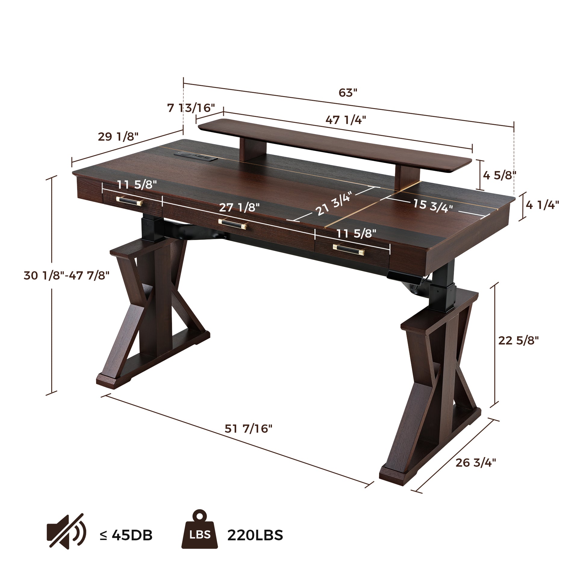 Ark Sws Pro Executive Desk, Dark Wood Finish, X-Shaped Legs, and Adjustable Height With Dimensions.