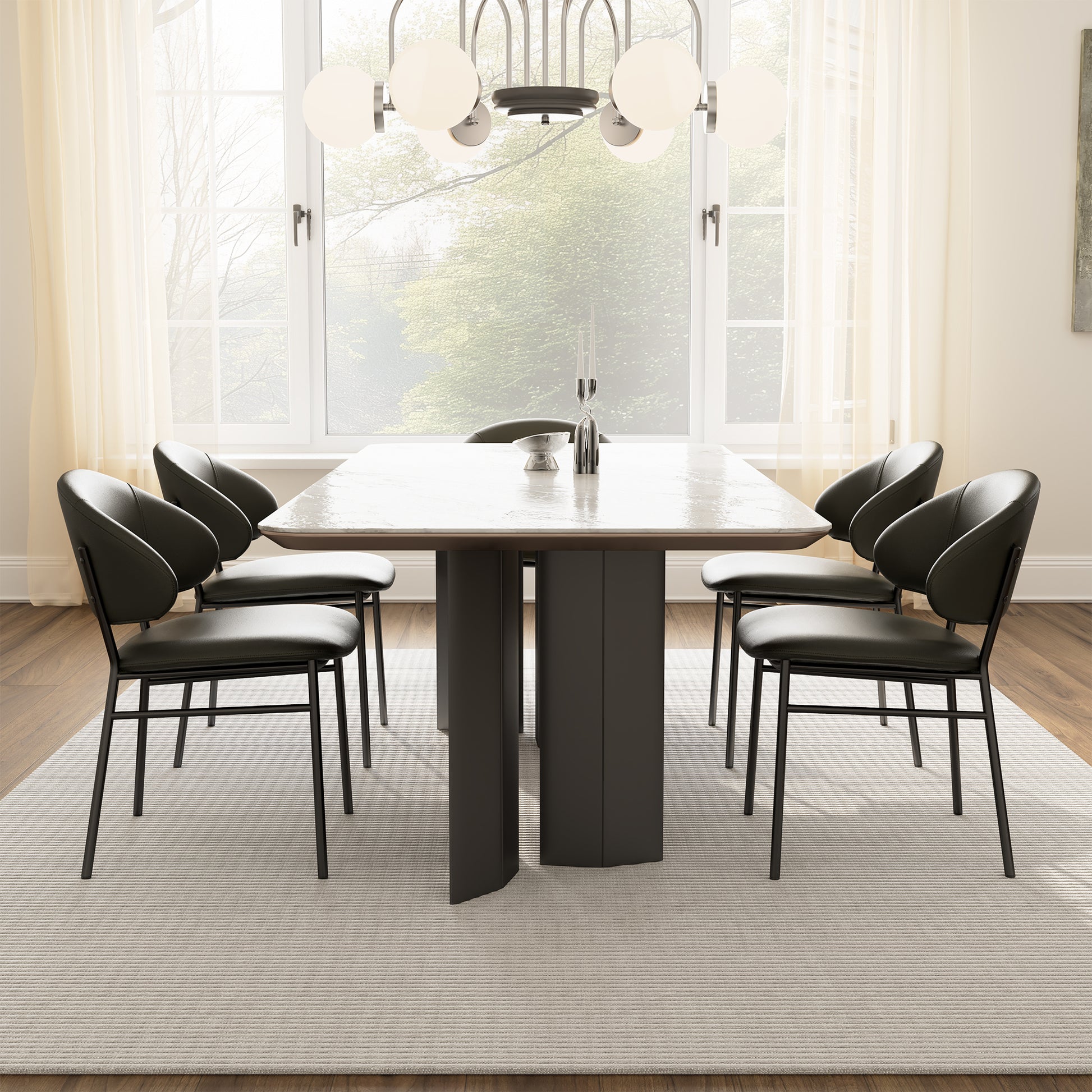 Modern Dining Set With Black Side Chairs and Marble Top Table.