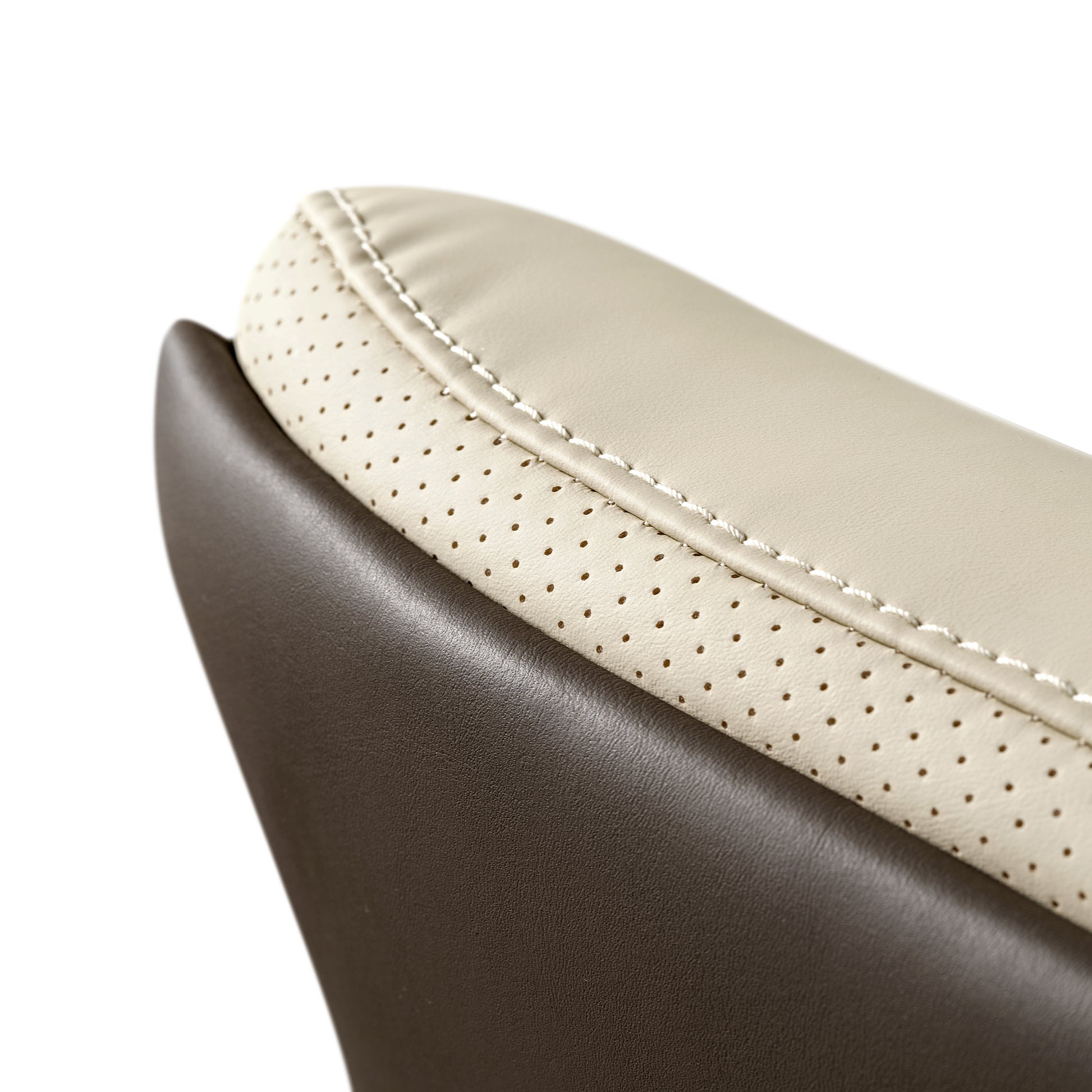 Royal Slim Executive Office Chair Detail: Champagne Leather With Perforation and White Stitching, Ergonomic Design.