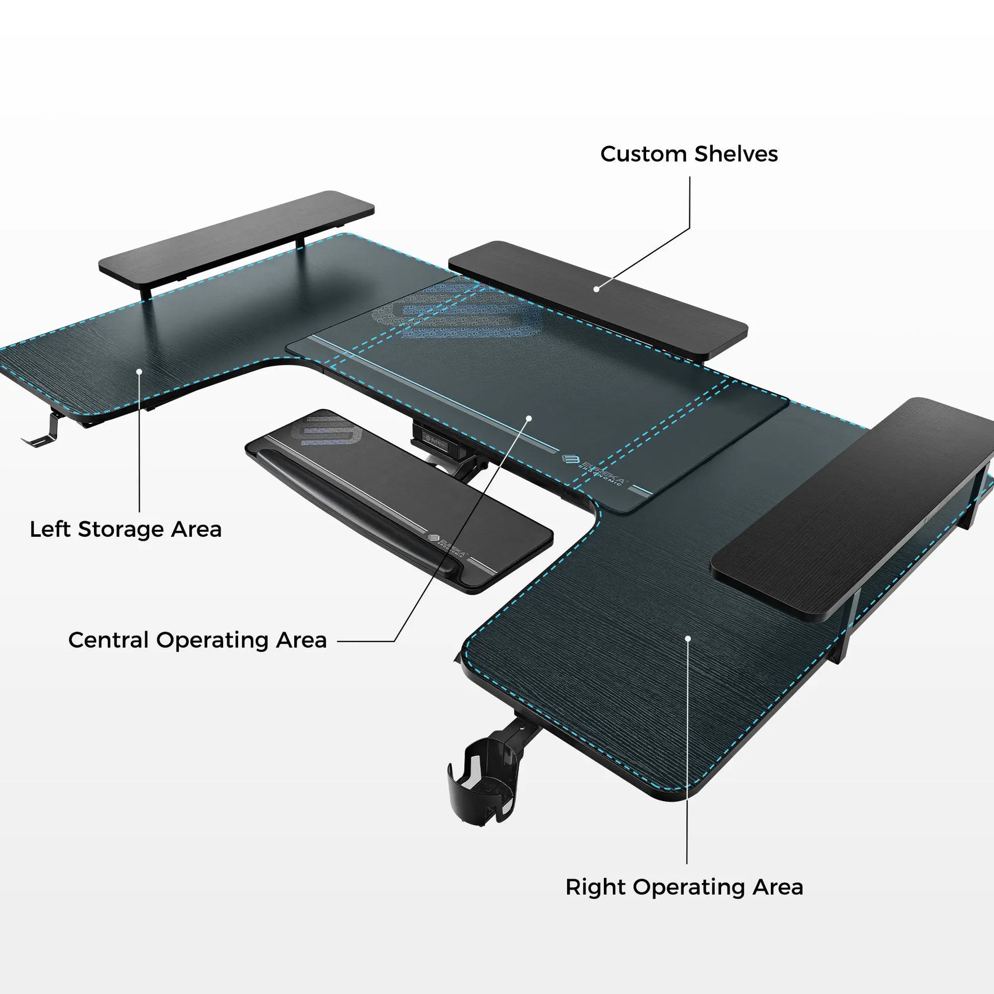 Eureka Ergonomic U-Shaped Standing Desk With Custom Shelves, Dark Finish for Ergonomic Workspace, and Productivity.