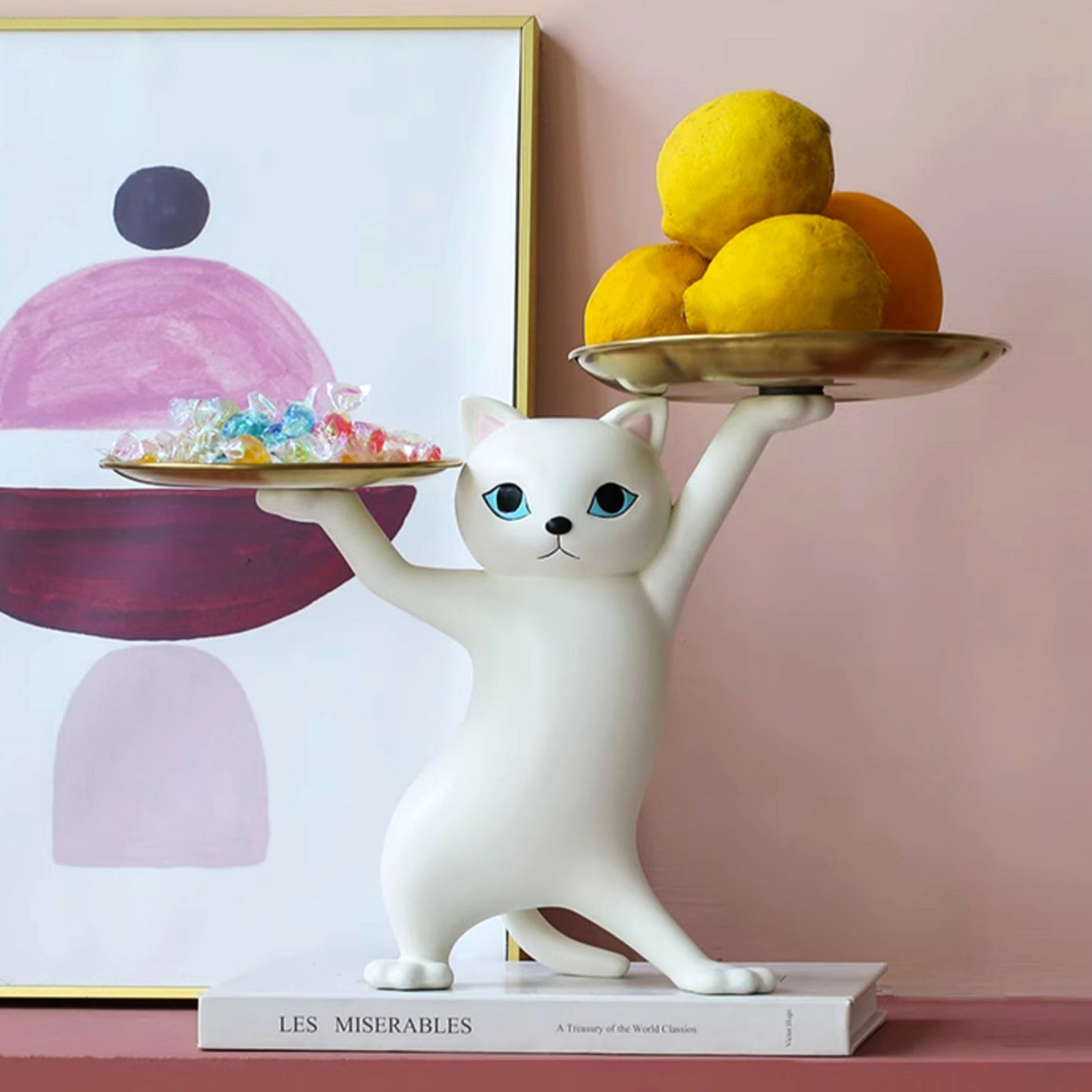 HD-17 Enchanting Cat Storage Ornament - White Cat Figurine With Gold Trays Holding Lemons and Candies.