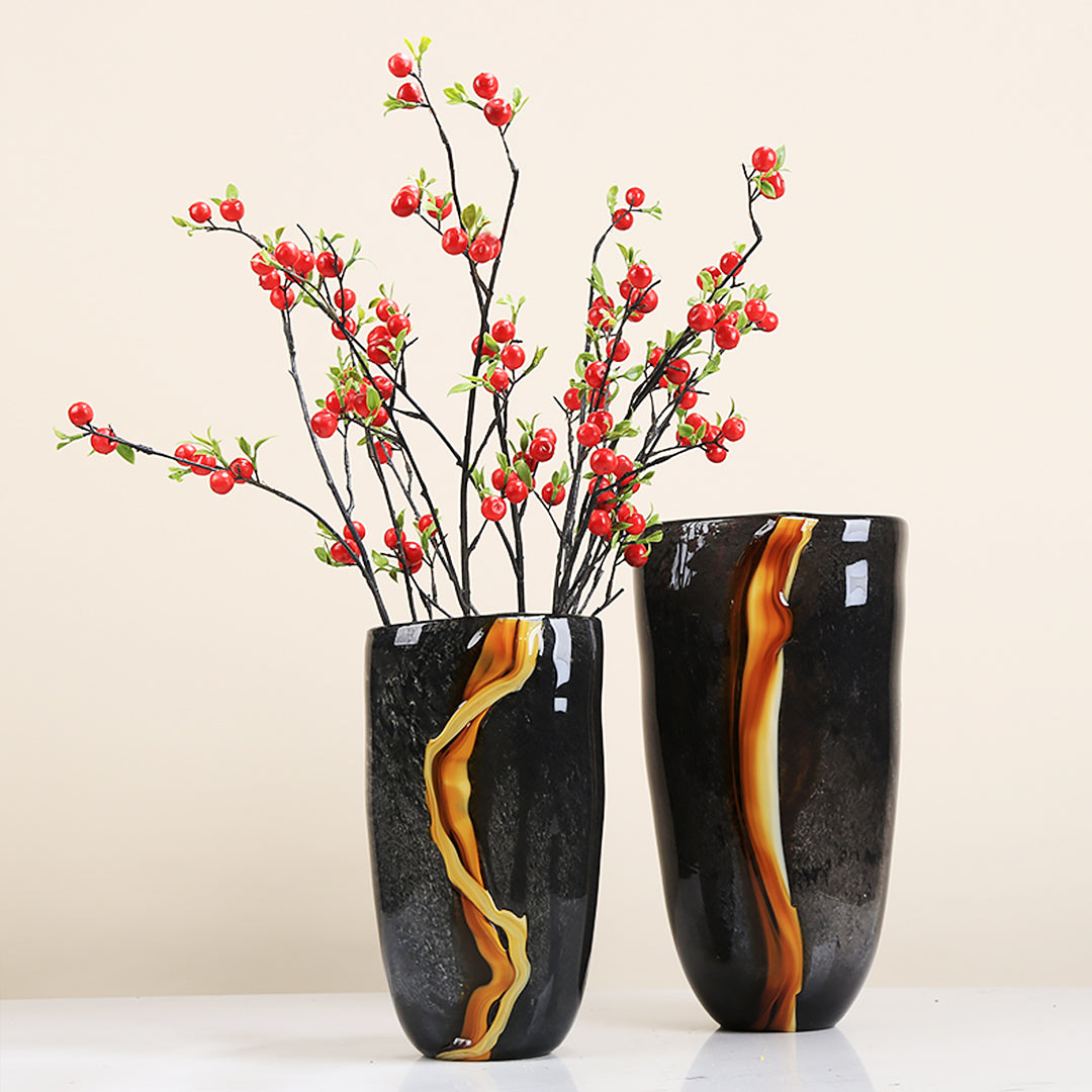 HD03 Glass Vase DéCor, Black Glass Vases With Golden Streaks and Red Berries, Interior Decor.