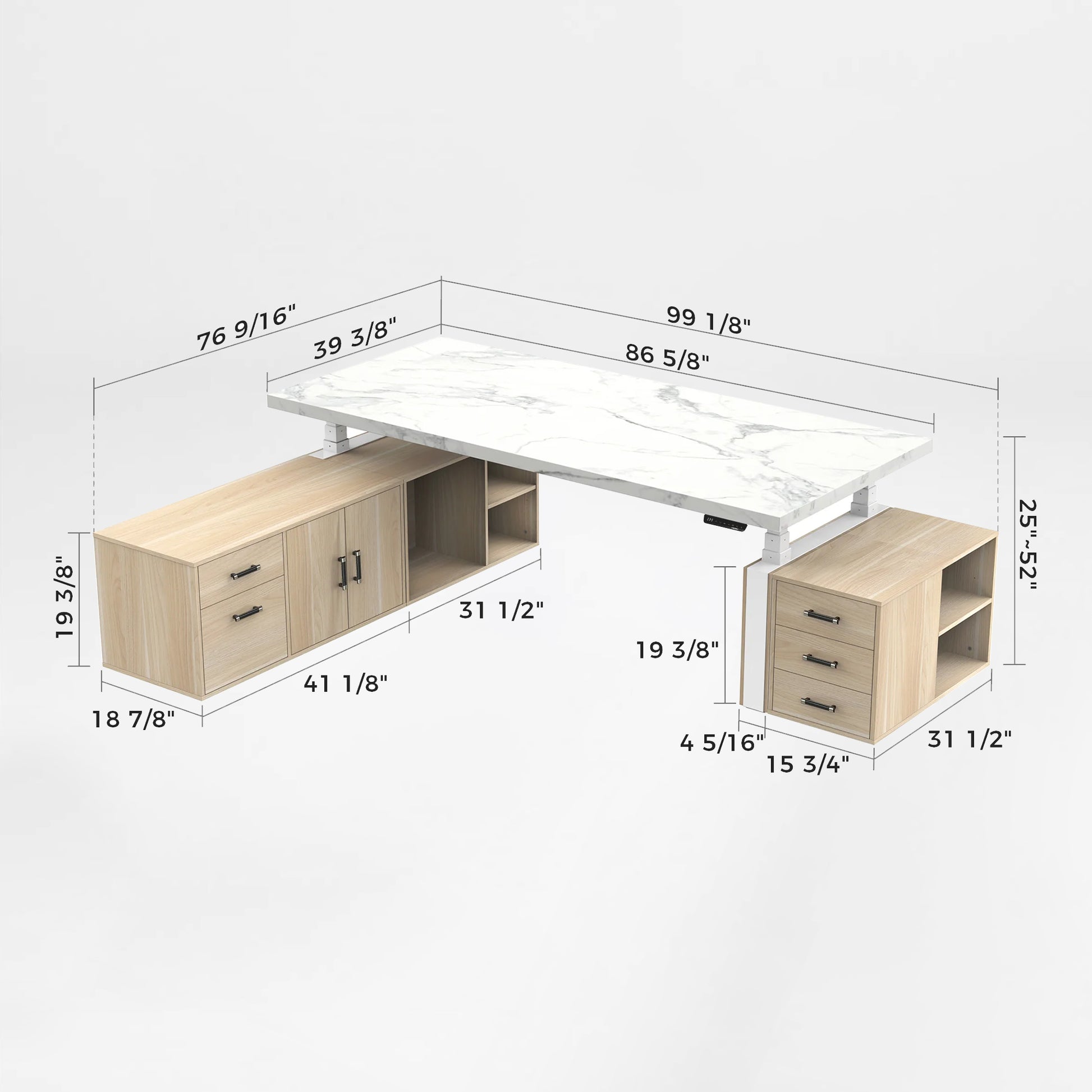 Eureka Ergonomic Zen Pro Executive Standing Desk With Dimensions, White Marble Top and Wood Cabinets.