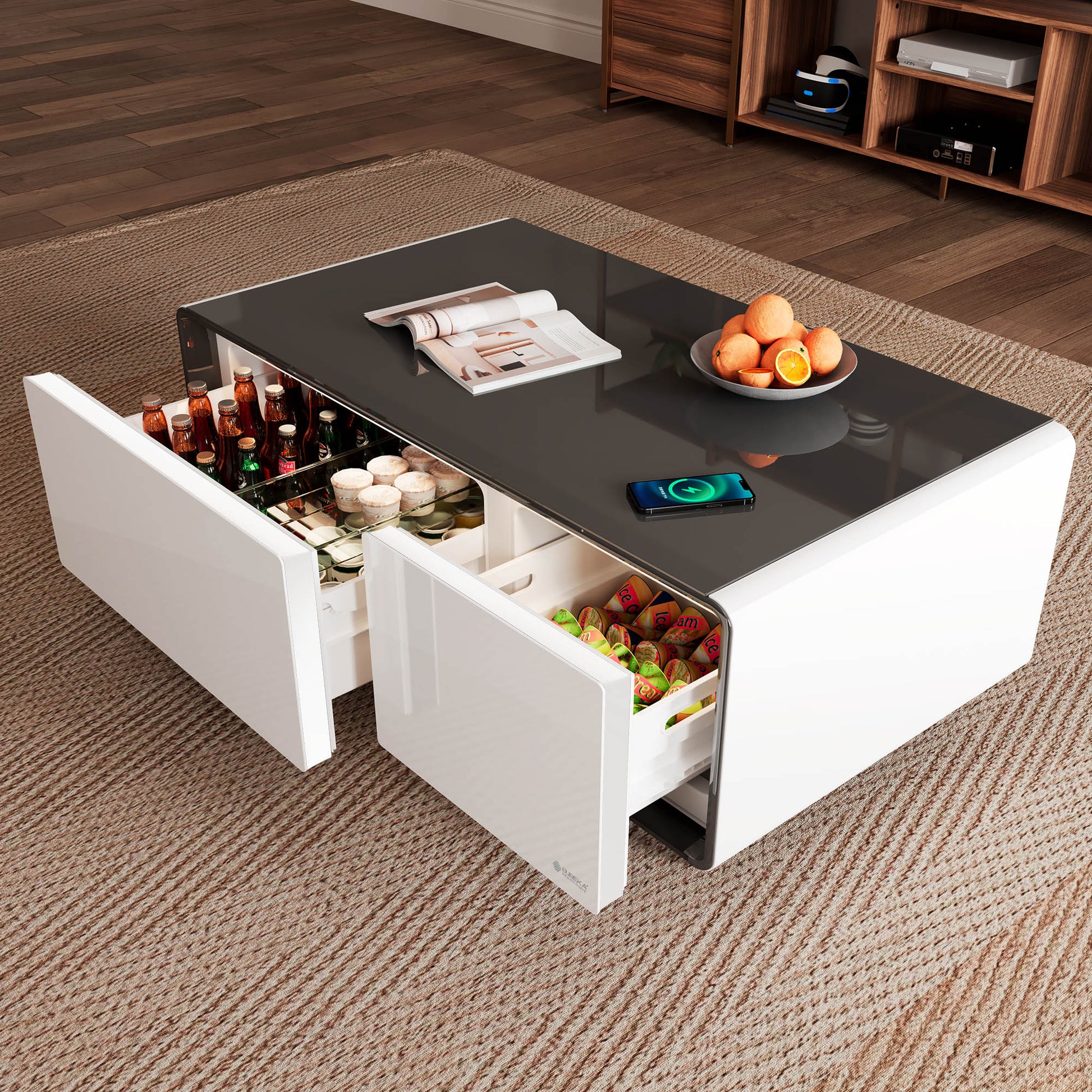 41 inch White Smart Fridge Coffee Table with Bluetooth Speakers with Glass Top, Fit all your drinks and snacks