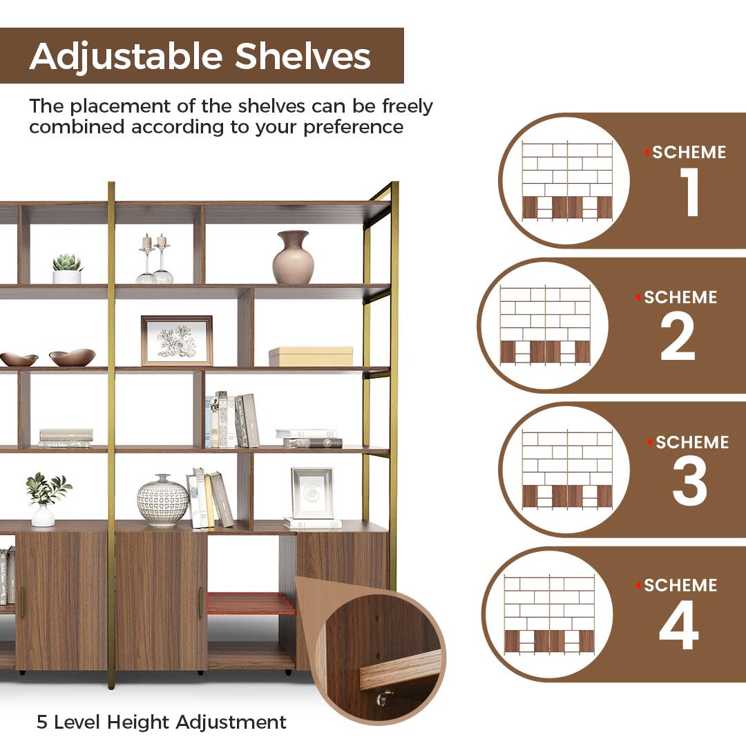 Napa Wood Bookcase Cabinet With Adjustable Shelves; Walnut Finish and Various Storage Scheme Options.