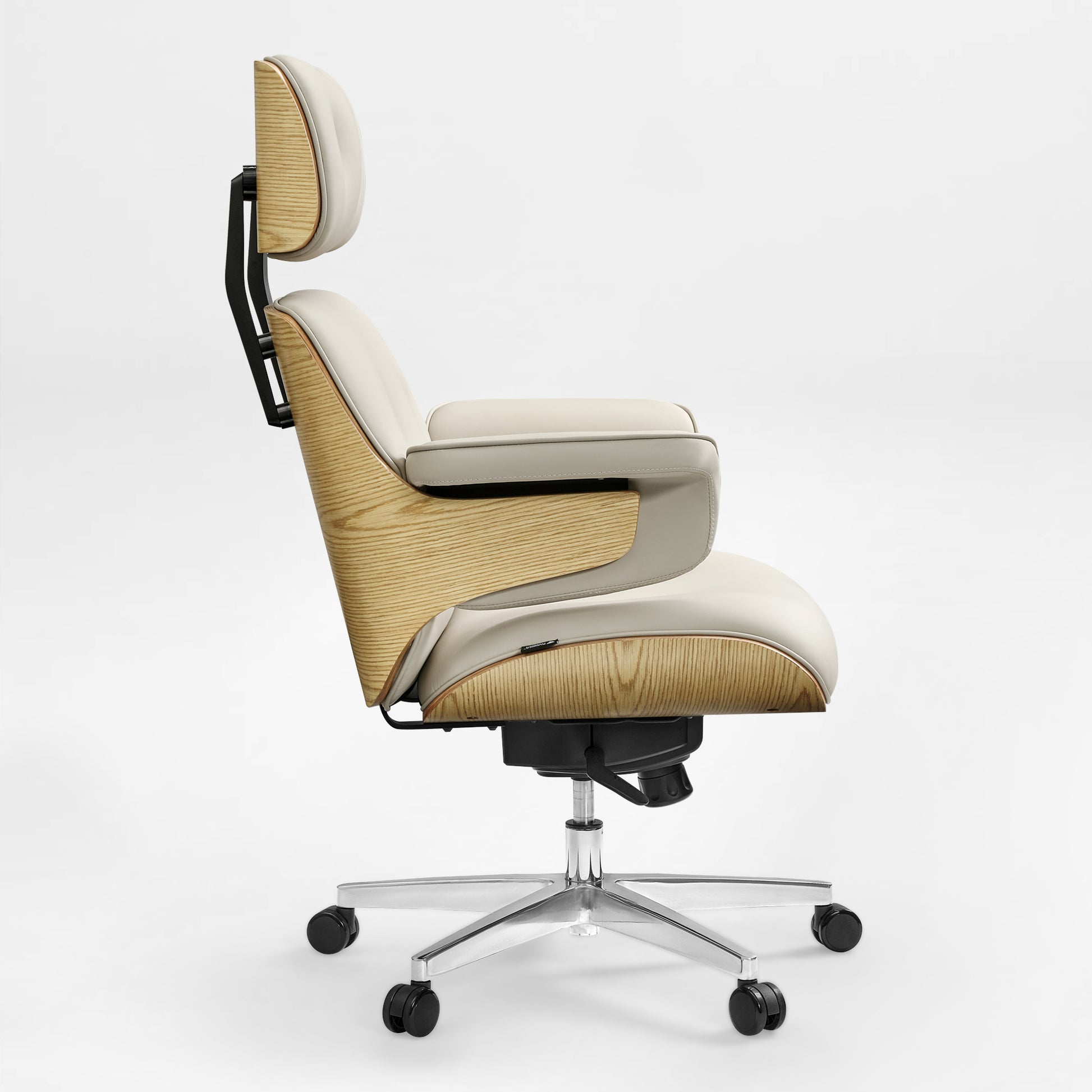 Eureka Ergonomic Mathias light beige Napa leather executive chair side view with natural wood veneer shell on a silver five-wheel base.