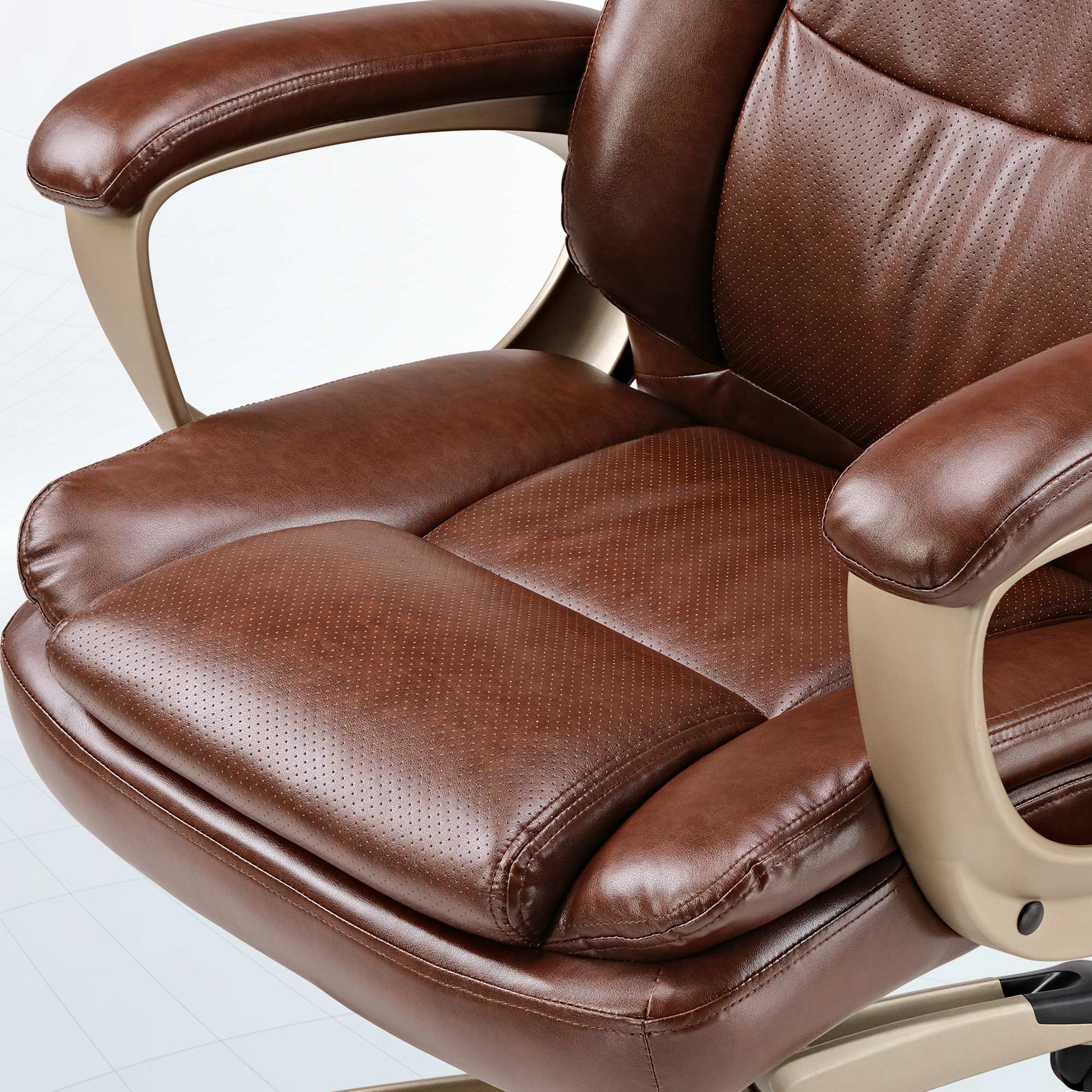 Preston Executive Office Chair Detail, Brown Pu Leather With Ergonomic Design and Armrests.