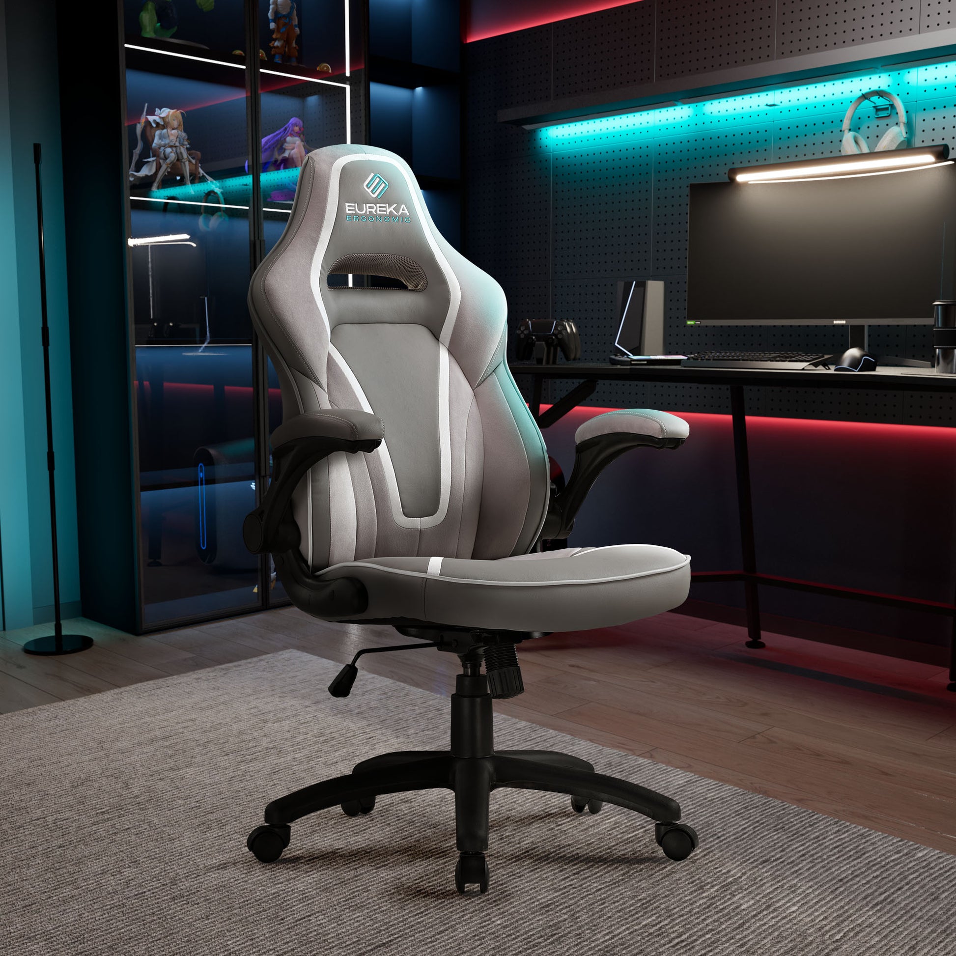 Eureka Ergonomic Vortex Gaming Chair in a Gaming Room, Ergonomic Design, Grey and White, and the Brand Logo.