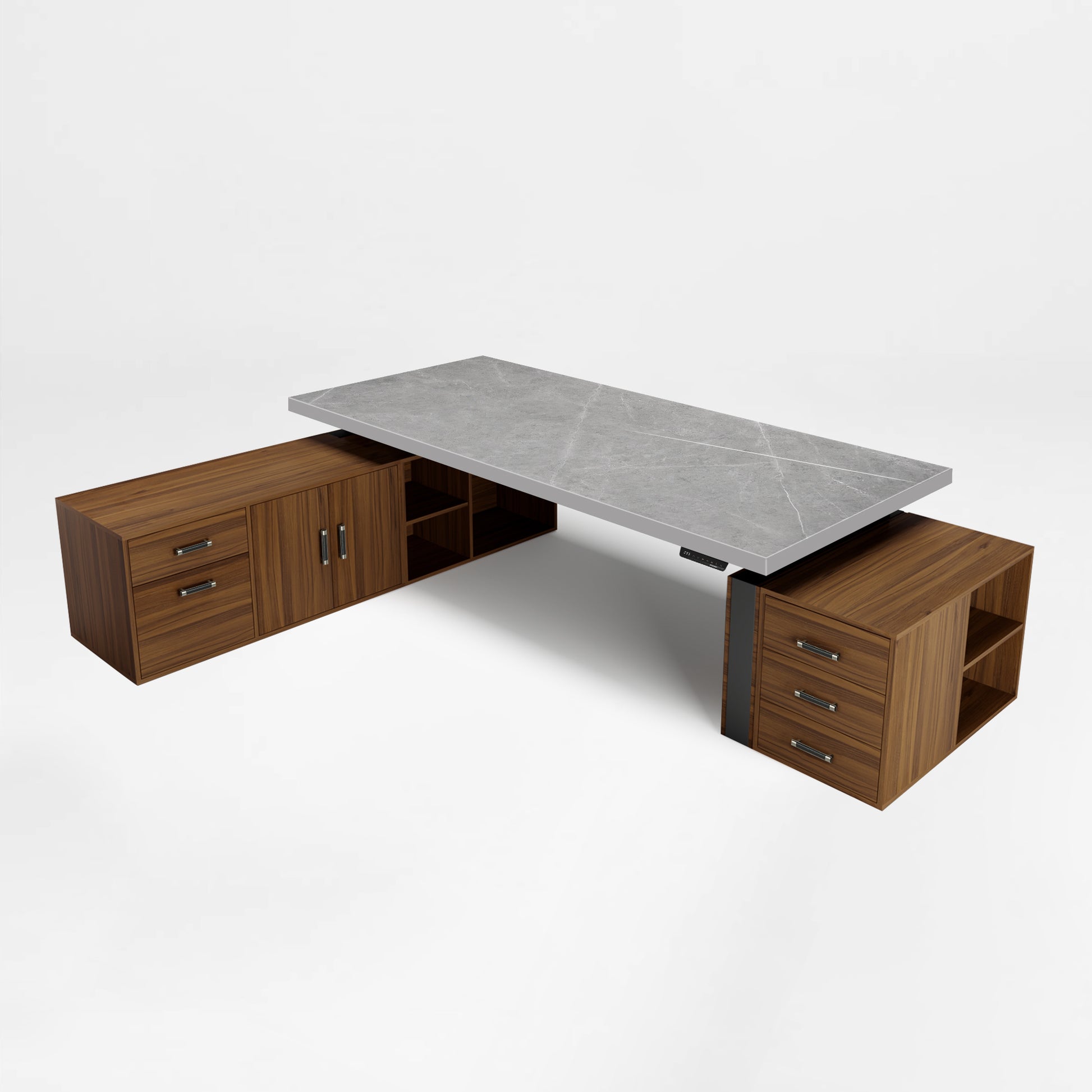 Zen Pro Executive Standing Desk With Sintered Stone Top and Wood Cabinets.