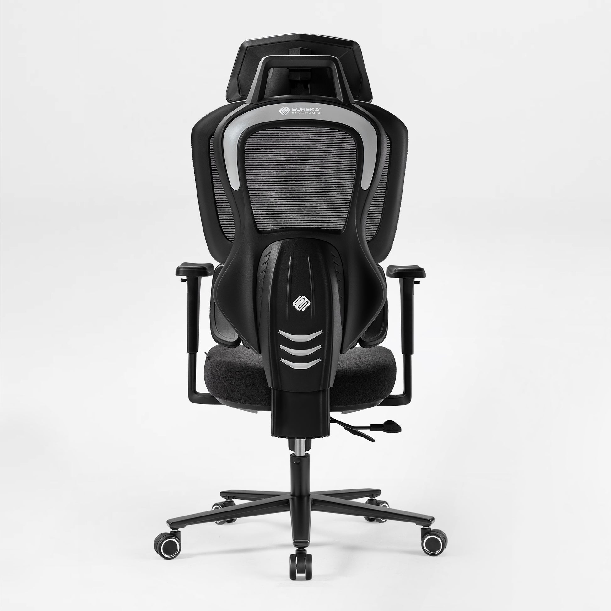 Gaming chair with black and gray design and blue accents on a white background,black