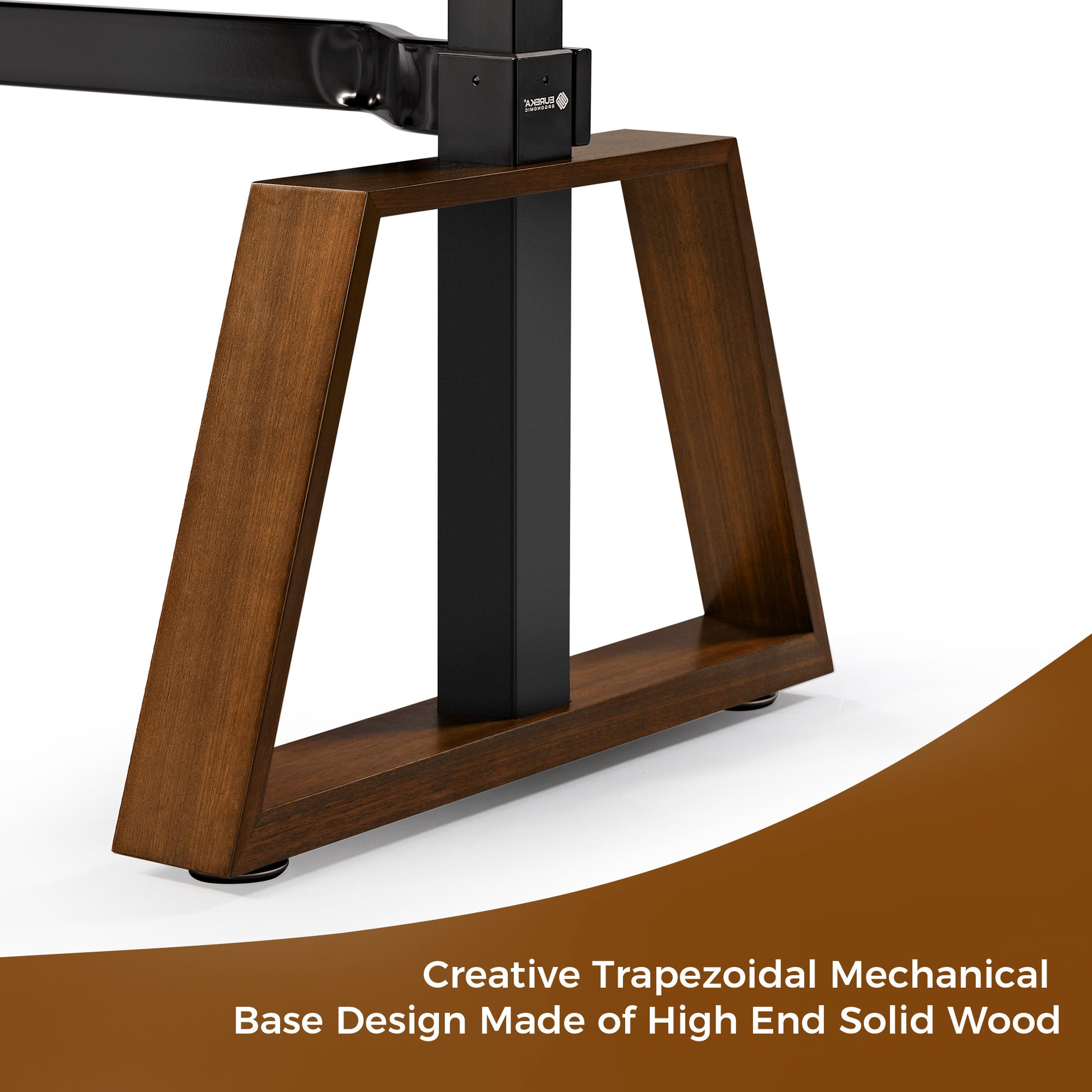 Eureka Ergonomic Ark Pro Desk Base Detail. High-End Solid Wood Trapezoidal Design for Height Adjustable Standing Desk.