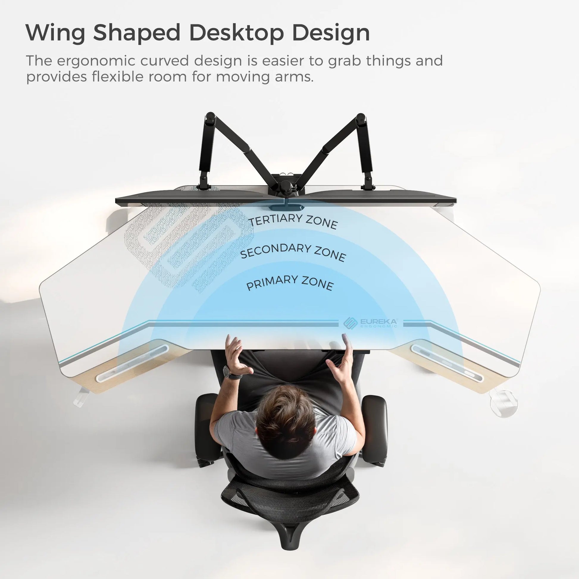 Eureka Ergonomic Wing-Shaped Standing Desk, Ergonomic Zones for Optimal Workspace, and Flexible Arm Movement.