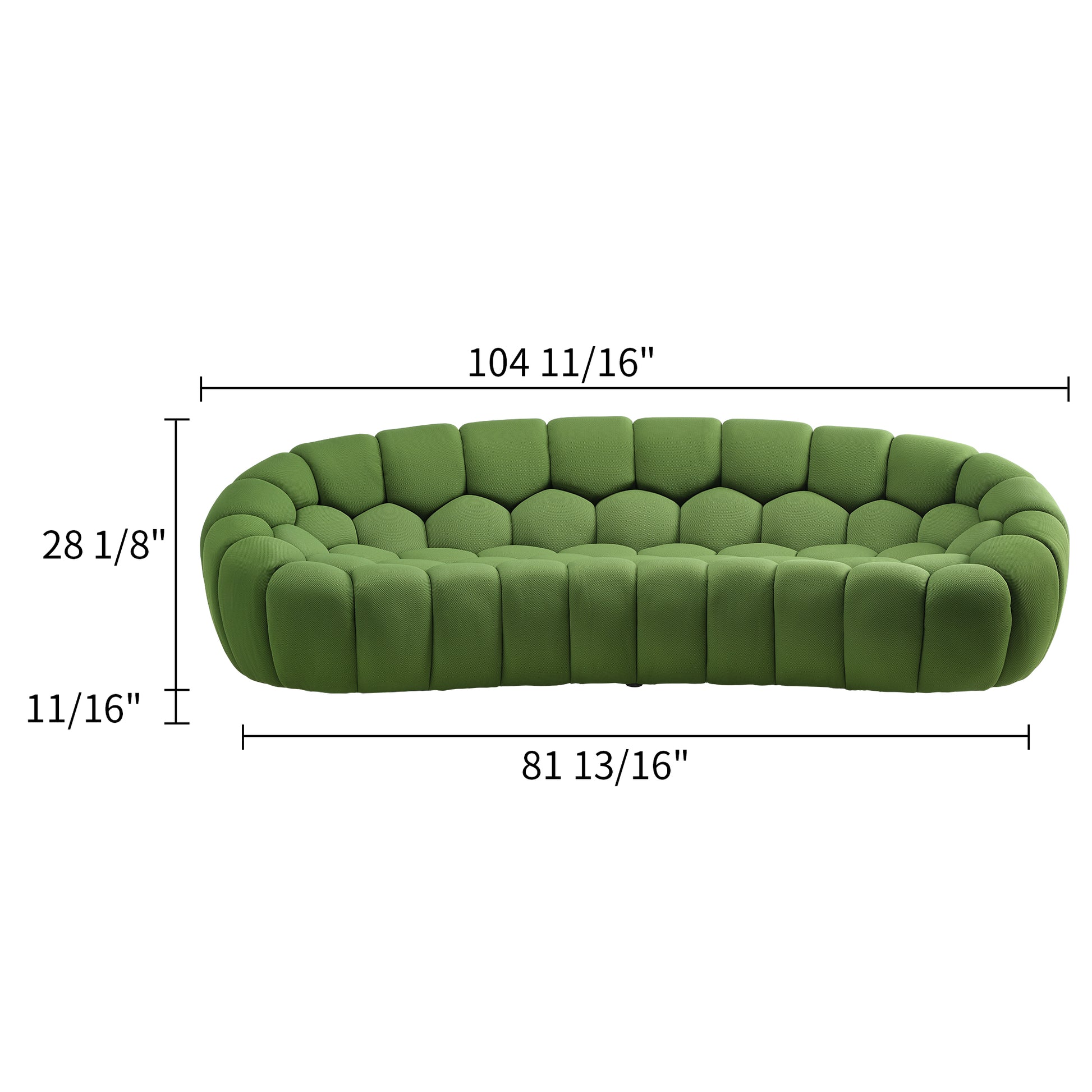 Luca Modern Green Sofa Dimensions: 104 11/16 Long, 28 1/8 High, and 81 13/16 Deep. Modern Green Sofa With Bubble Design.