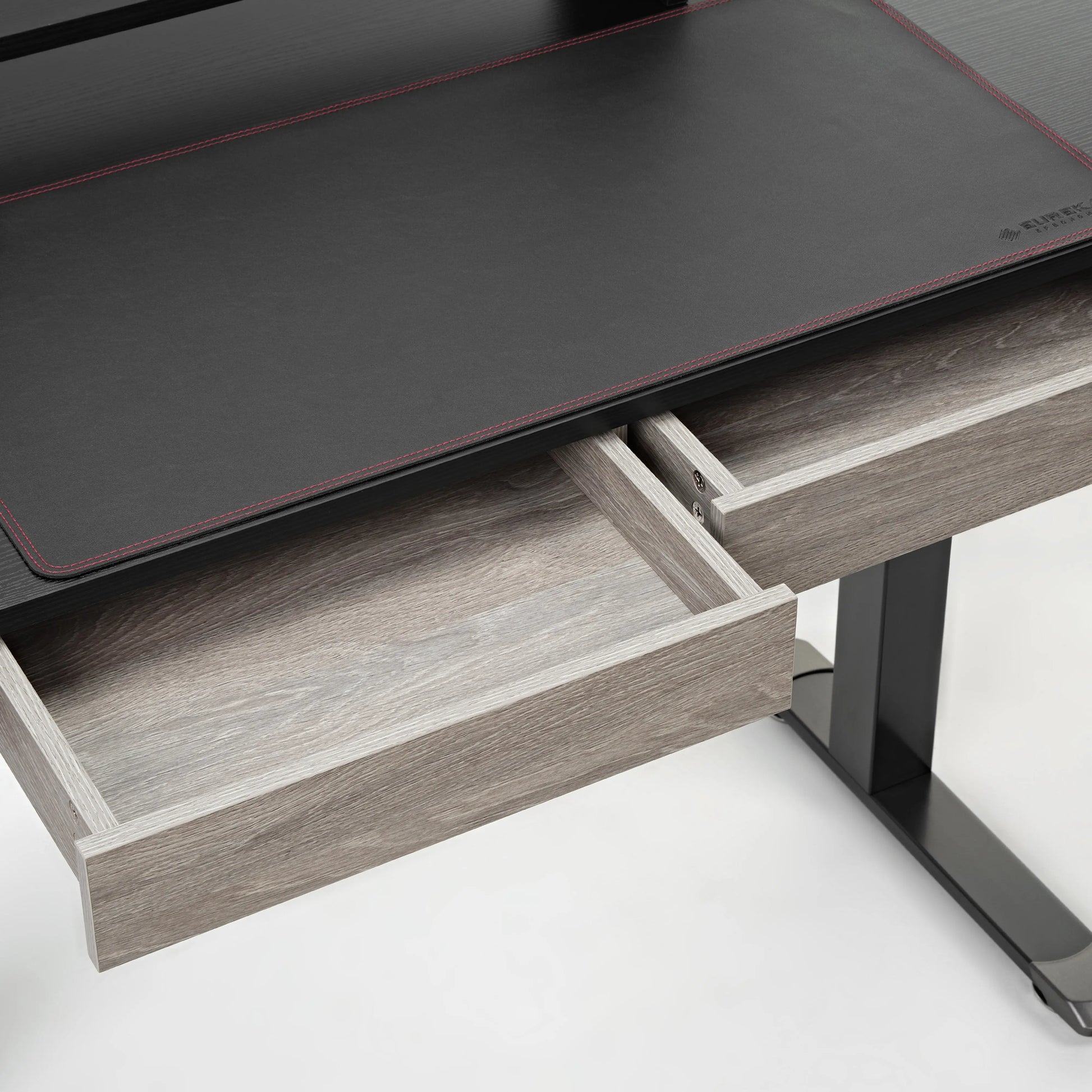Eureka Ergonomic 47 Standing Desk Drawer Detail: Black Top and Wood Finish.