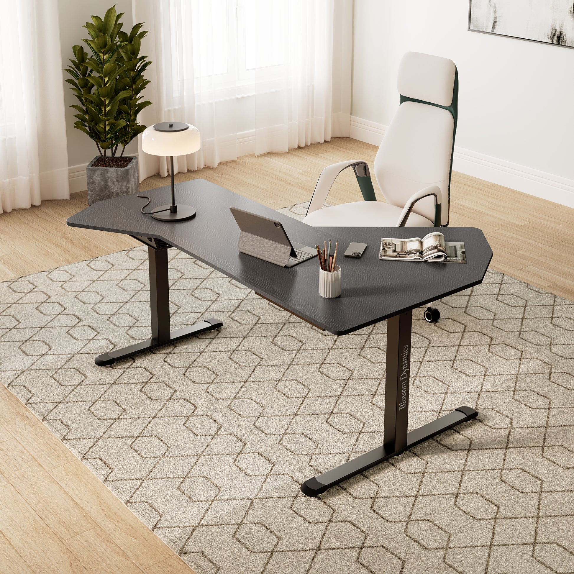 Eureka Ergonomic Blossom Dynamics irregular standing desk in dark wood grain with laptop, tablet, lamp in bright home office.