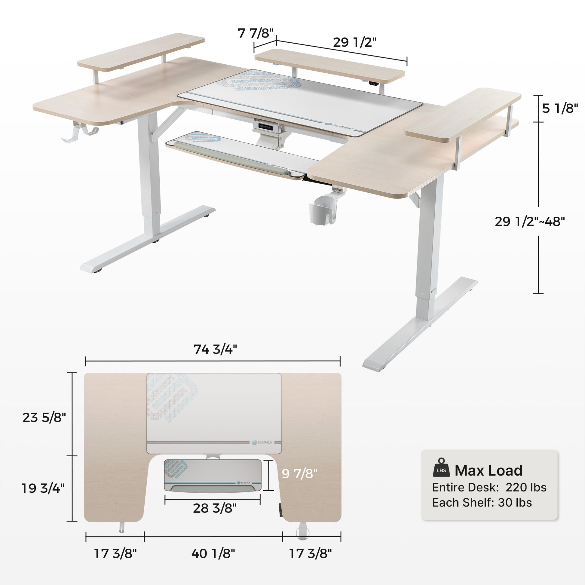 Eureka Ergonomic 74 U-Shaped Standing Desk in Light Wood Finish With Dimensions and Max Load Capacity.