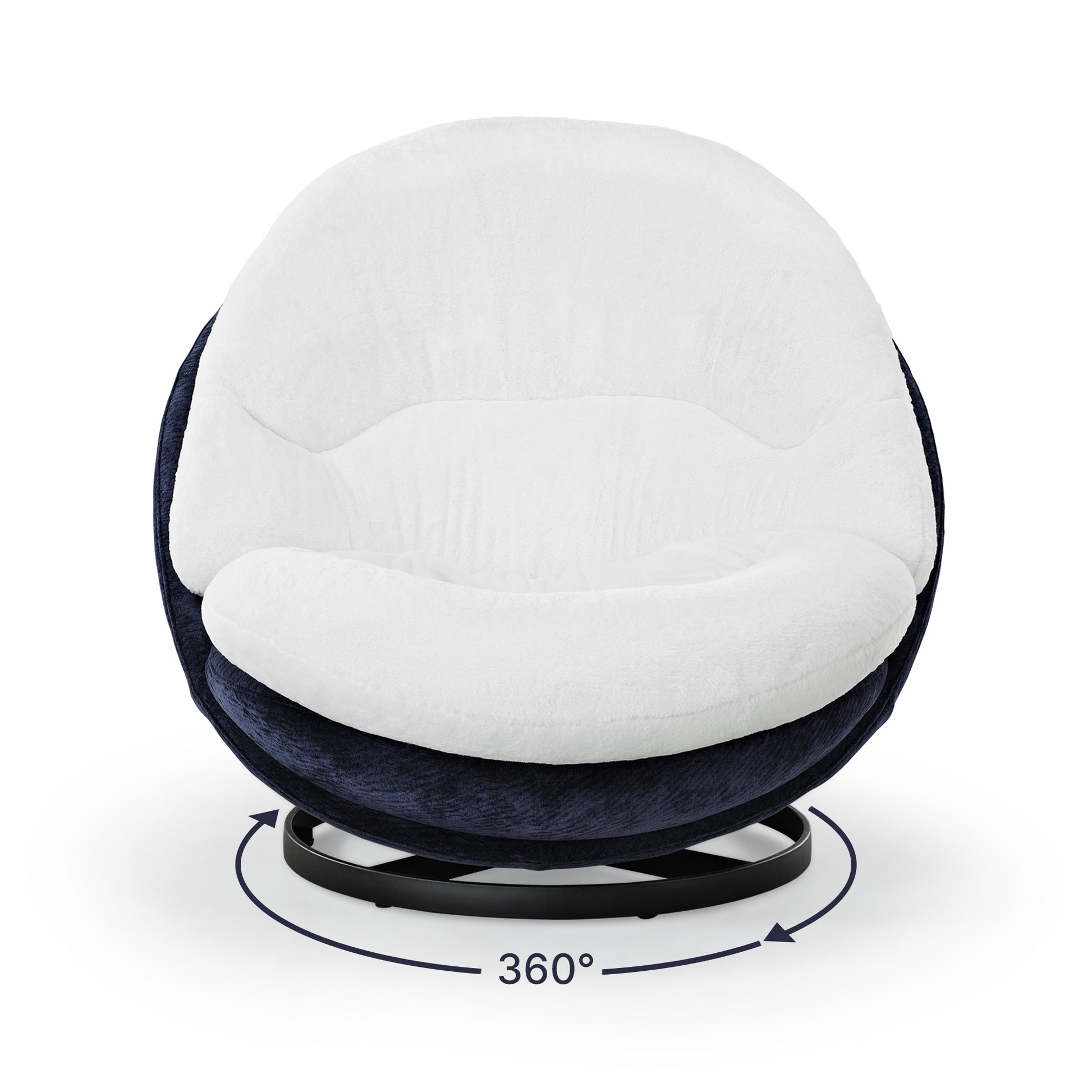 Gloria Swivel Lounge Chair With White Faux Fur Seat and Navy Chenille Back, Featuring 360-Degree Swivel Base.