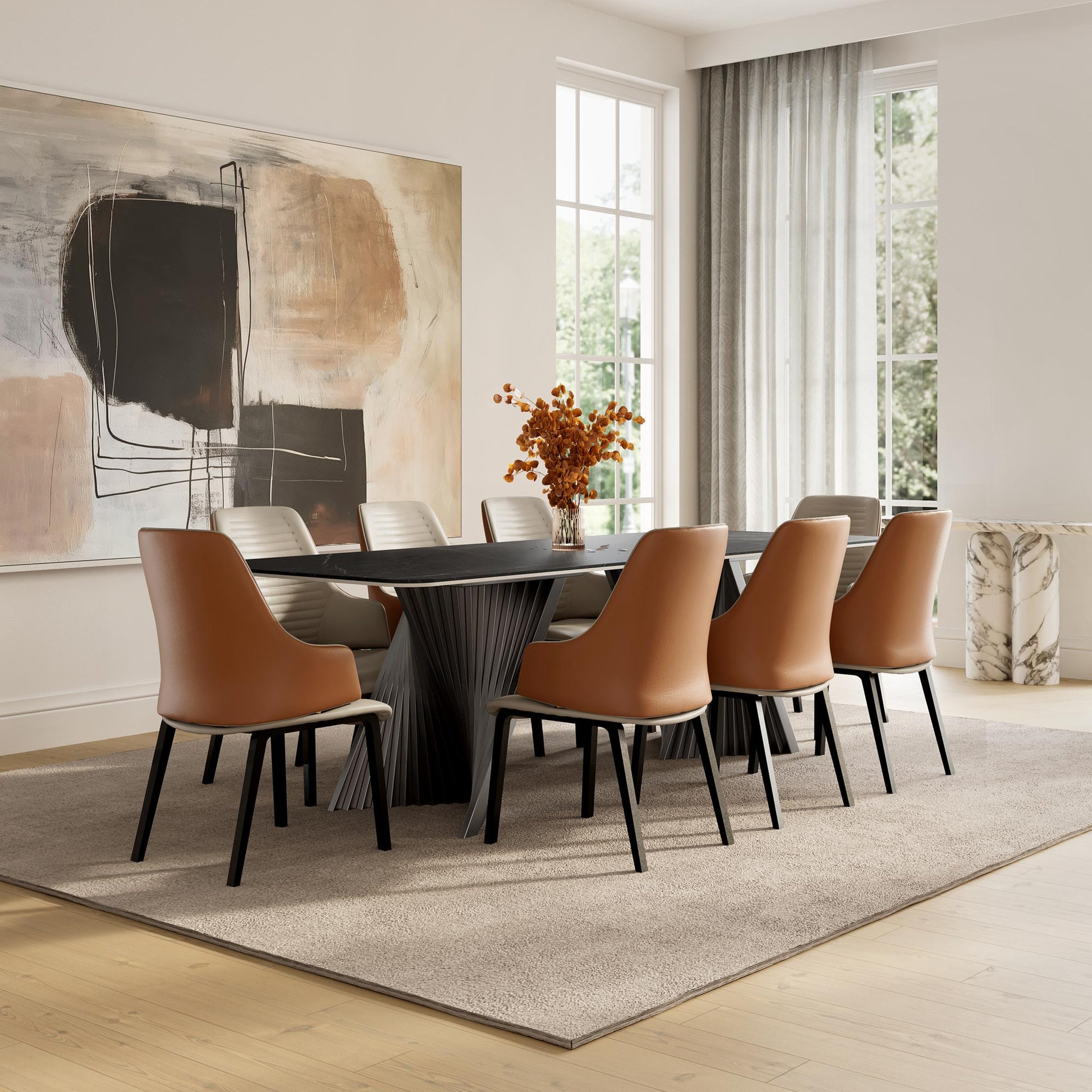 Modern Dining Room With Juliet Dining Arm Chairs, Brown Leather Seats, Black Legs, and Dark Table Set.