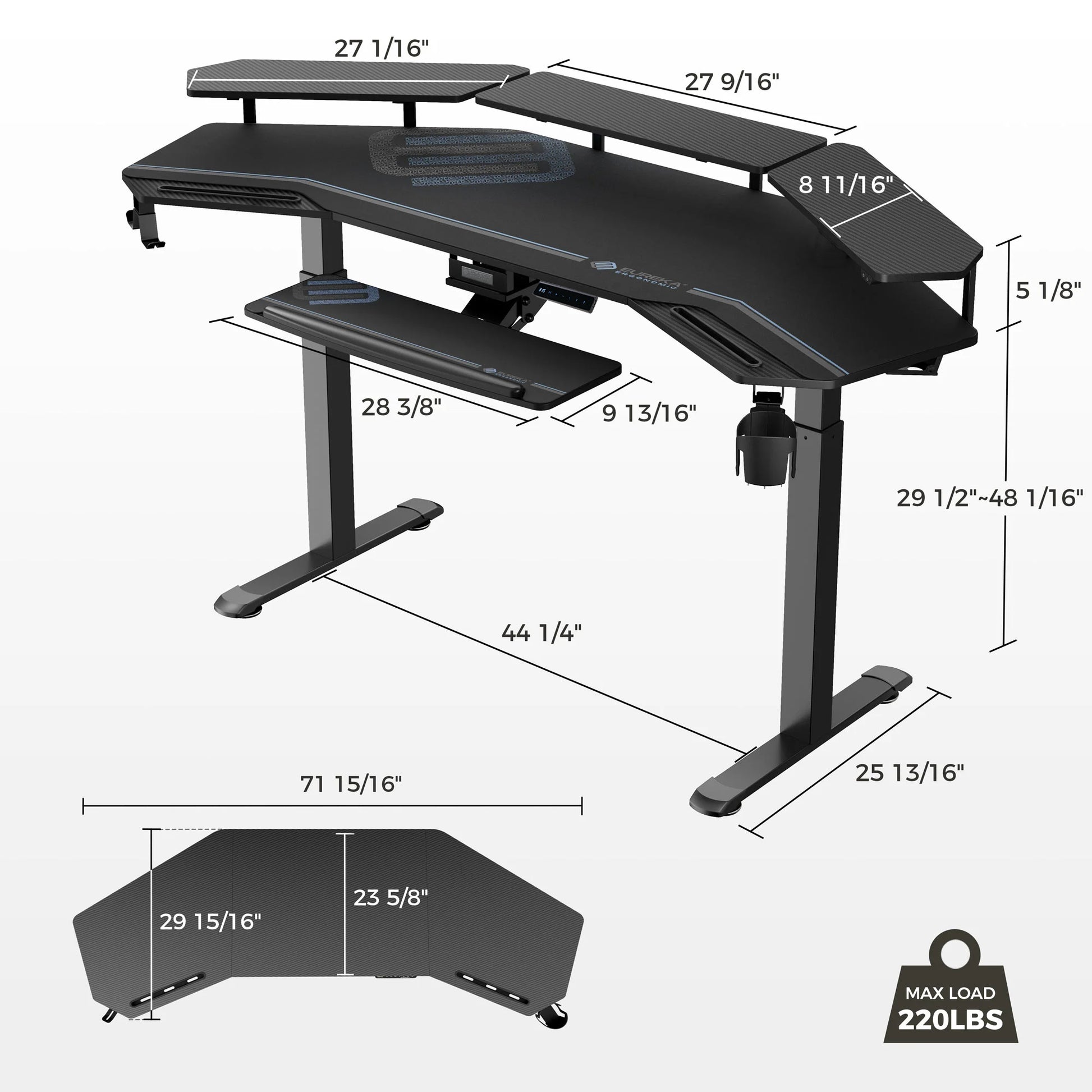 Aero Pro Wing-Shaped Standing Desk Dimensions With Accessories: 72-Inch Desktop, Adjustable Height, Max Load 220Lbs.