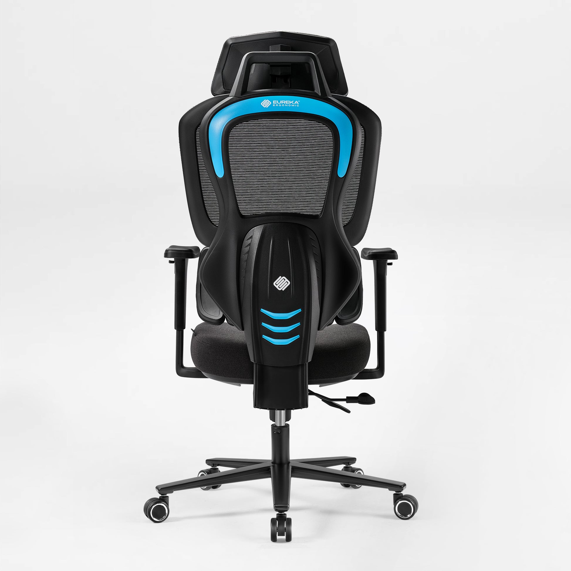 Gaming chair with black and gray design and blue accents on a white background,blue