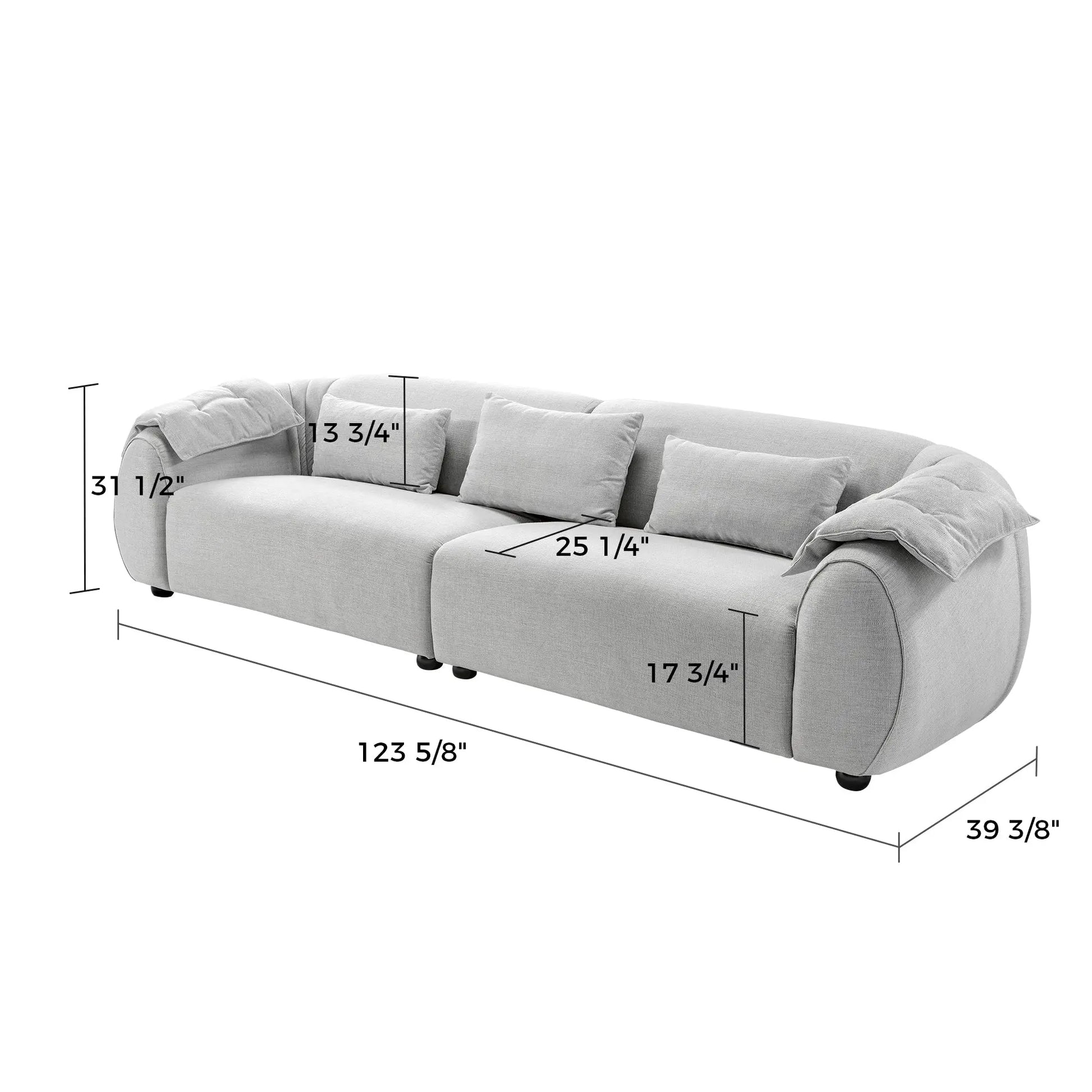 Chloé Modern Modular Sofa in Light Gray, Dimensions Shown: 123 5/8 X 39 3/8, Cotton-Linen Blend Fabric.