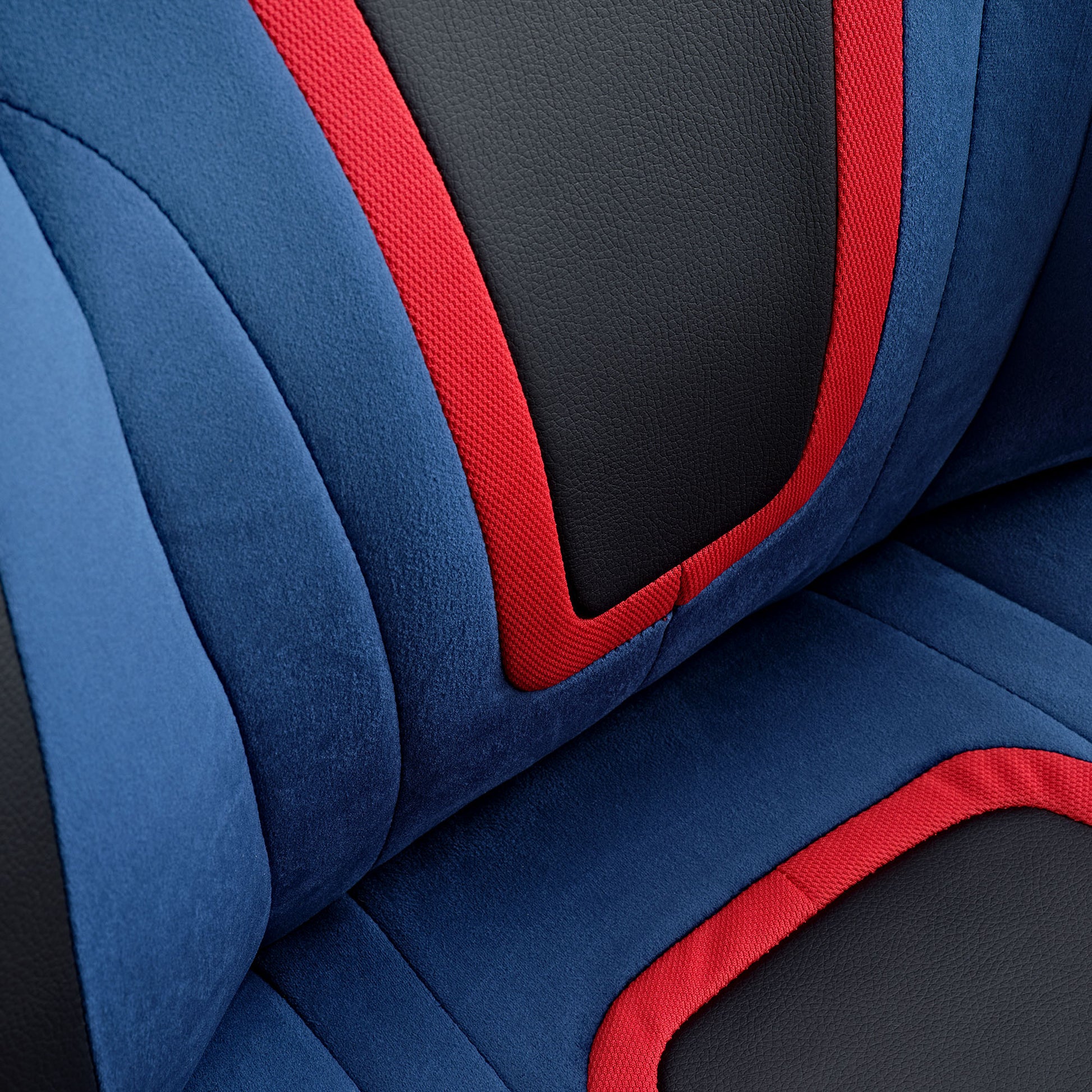 Vortex Gaming Chair Detail: Blue Velour, Black Pu Leather, and Red Accents for Comfort and Style.