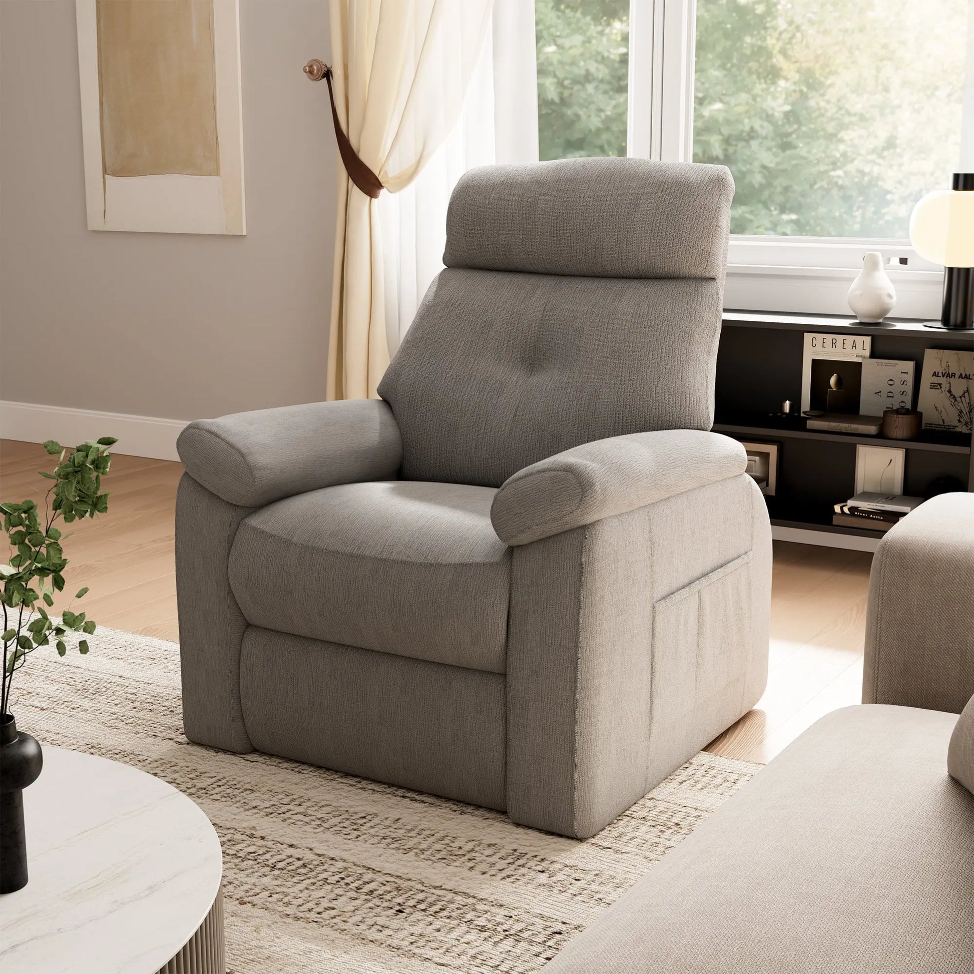 Grey Henry-Armrest Power Recliner Chair in Living Room Setting.