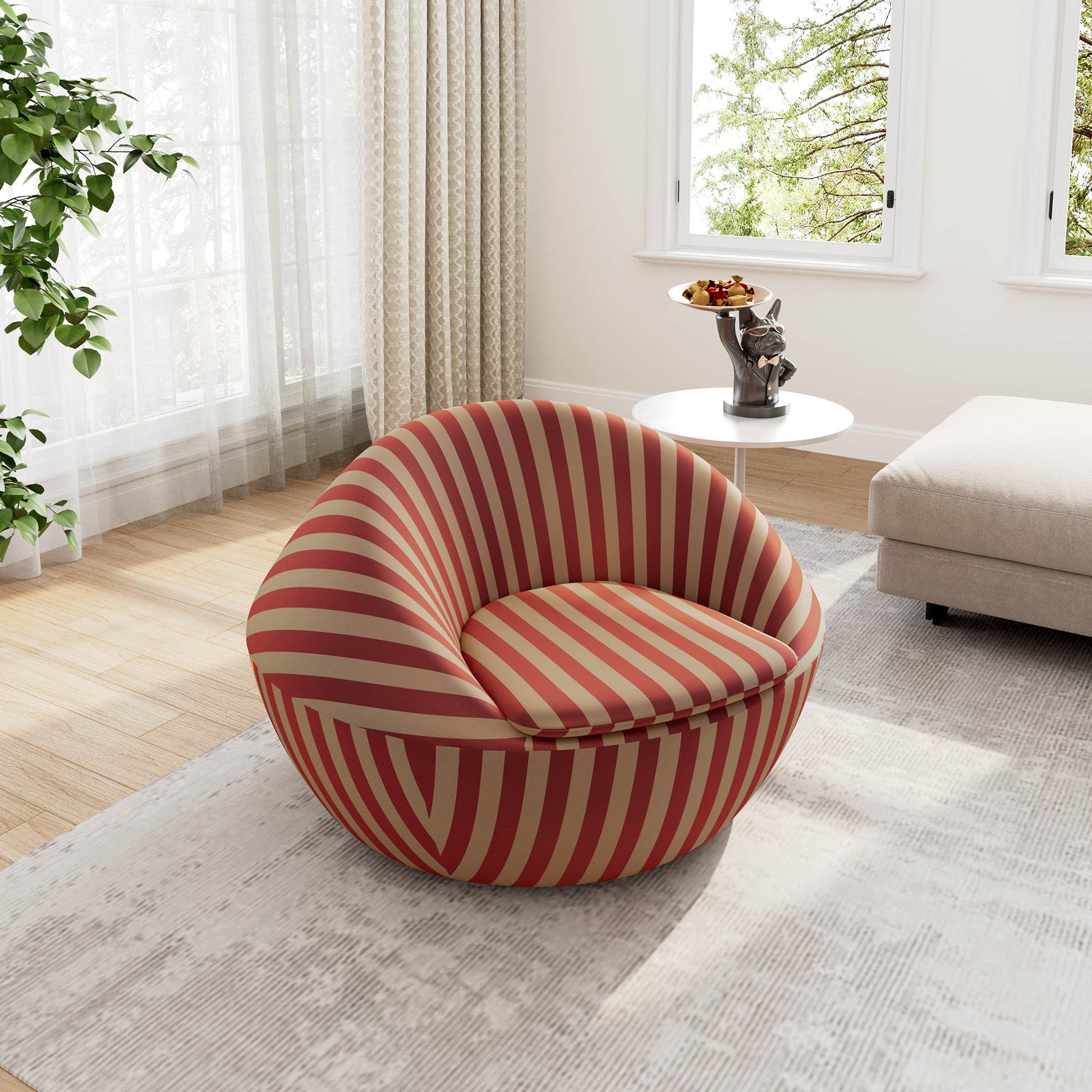 Red and Beige Striped Modern Lounge Chair in a Modern Living Space.