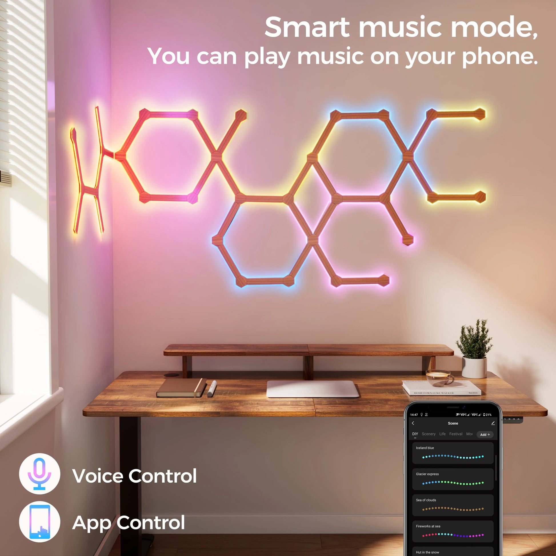 Soho Art Lighting Smart Rgb Led Wall Light With Music Mode and App Control, Wood and Modern Design.