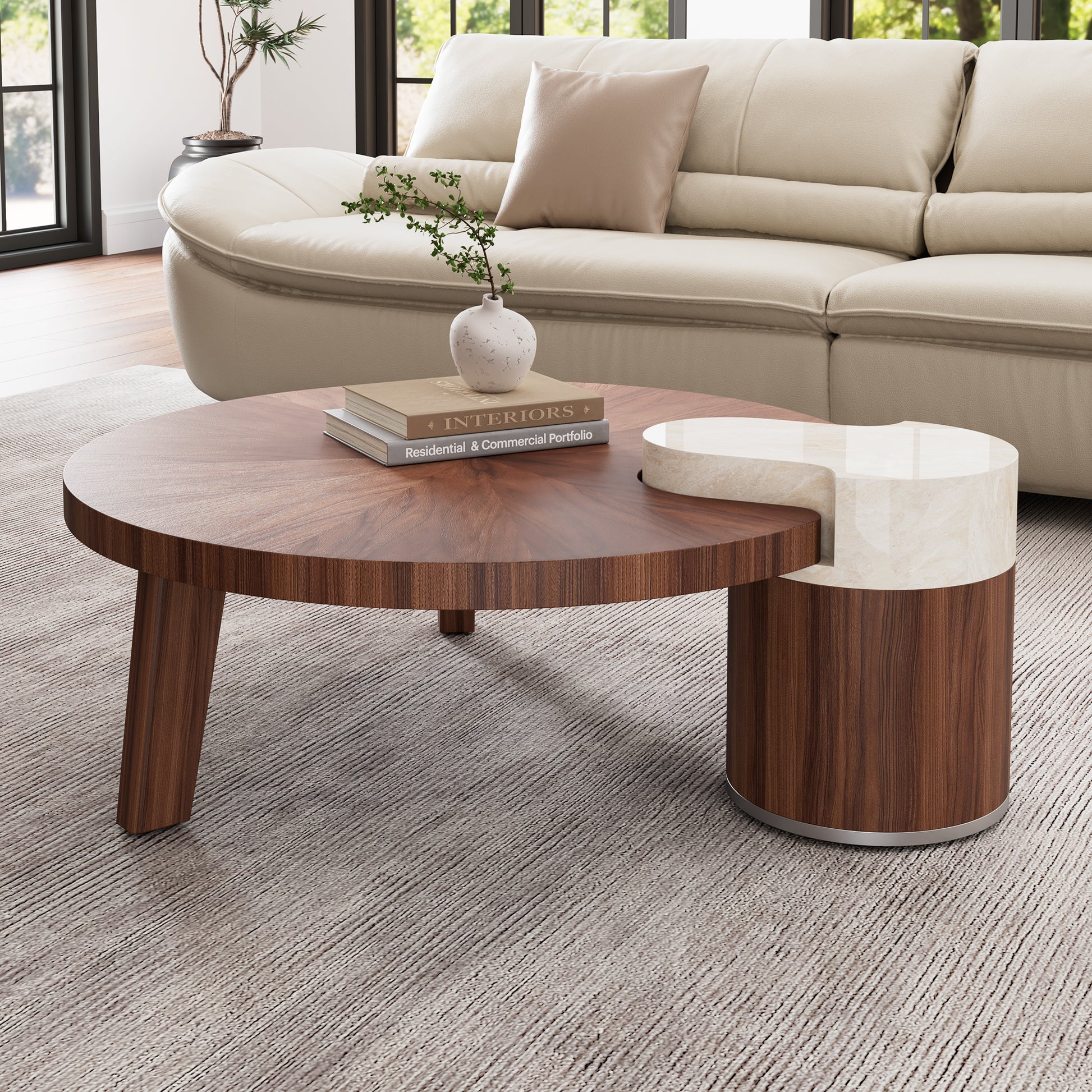 41 Irregular Round Walnut Coffee Table With Marble Accent in a Living Room, Solid Wood Coffee Table.