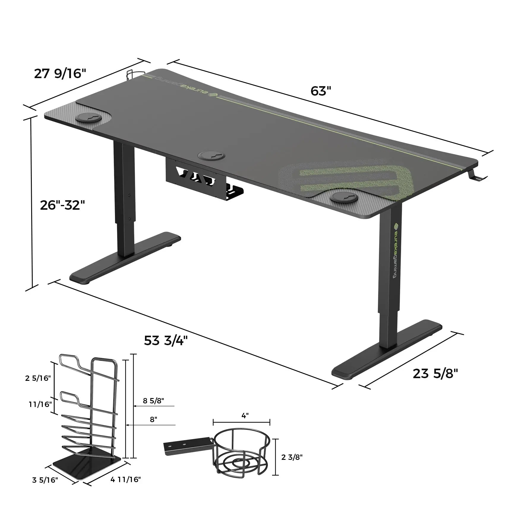 Eureka Ergonomic Manual Height Adjustable Gaming Desk - Black, With Dimensions, Accessories.
