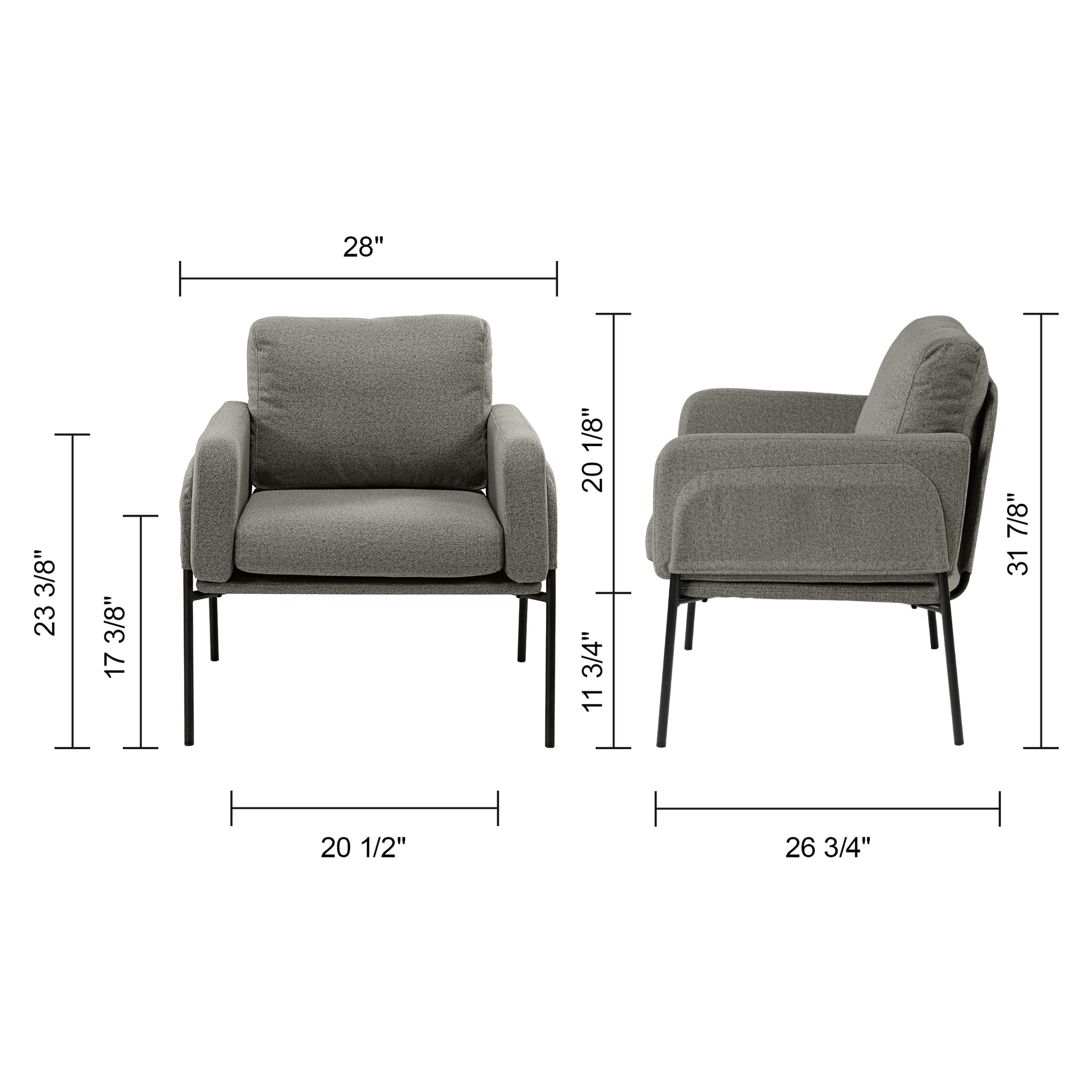 Weston Ant Fabric Lounge Chair Dimensions: 28 Width, 31 7/8 Height. Gray Ant Fabric Upholstery With Black Metal Legs.