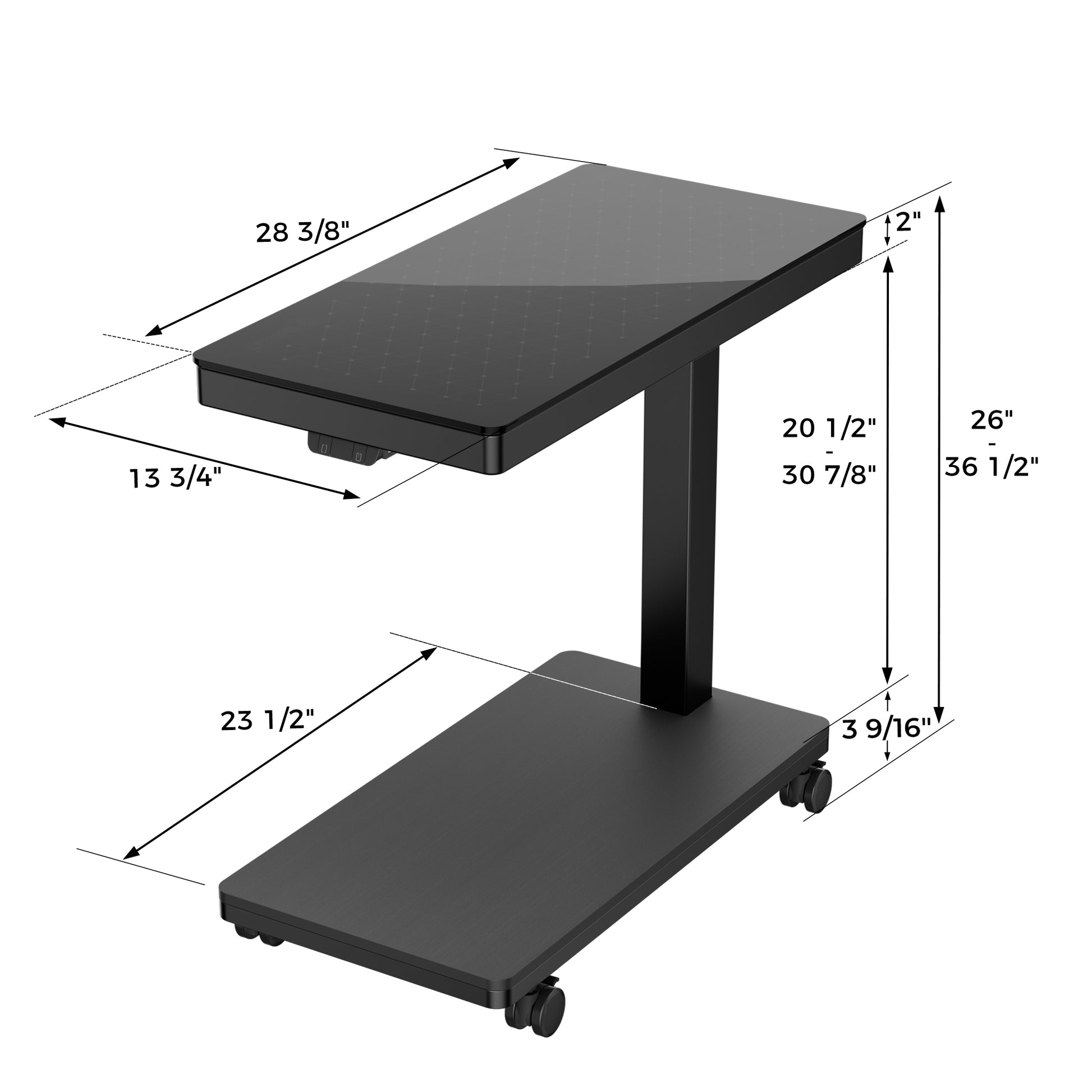 Black Height-Adjustable Illuminated Cpu Cart With Dimensions. Perfect for Modern Workspace.