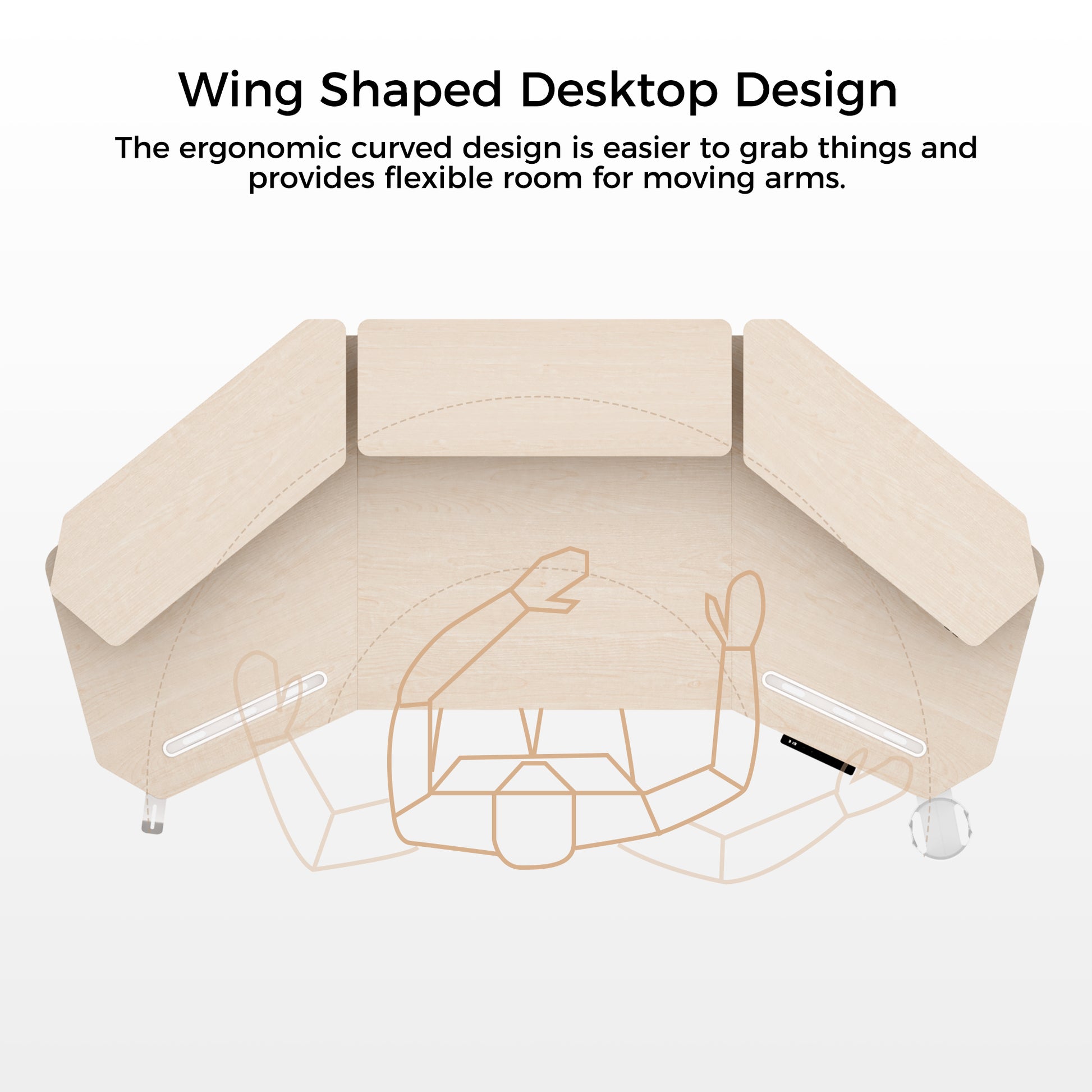 Aero Pro Wing-Shaped Standing Desk, Light Wood Finish, Ergonomic Design for Spacious Workspace.