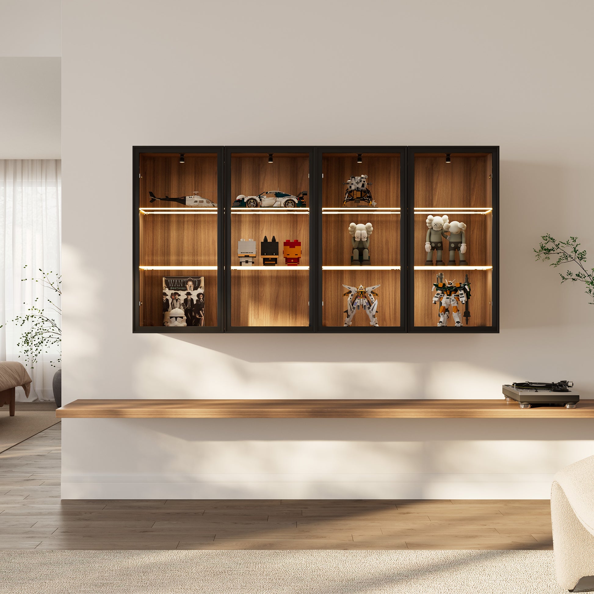 32 Wall Mounted Curio Cabinet With Glass Doors, Dark Wood Finish, Displaying Decor.