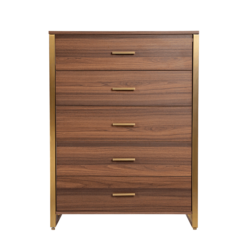 Walnut 5-Drawer Dresser With Gold Frame - Modern Bedroom Storage Cabinet.