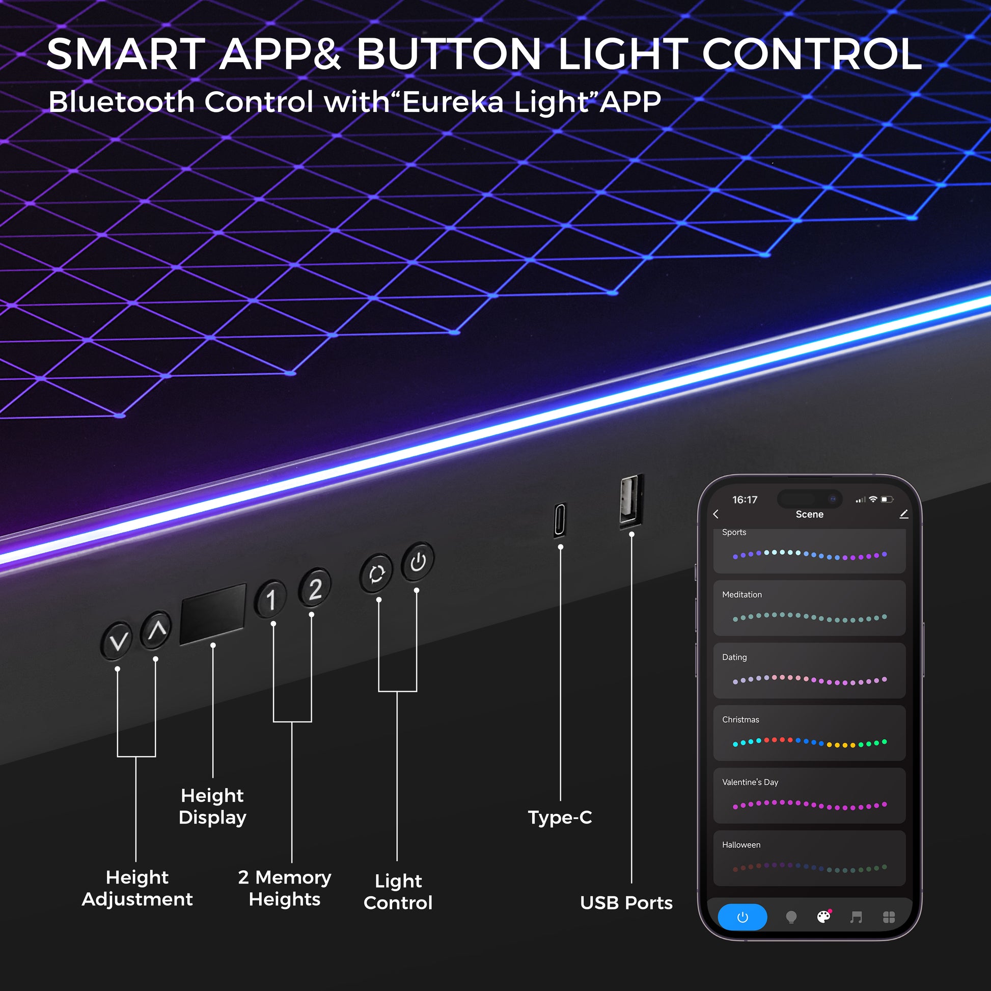 GTG-L60 Pro Gaming Desk Control Panel. Featuring Smart App and Button Light Control and Usb Ports.