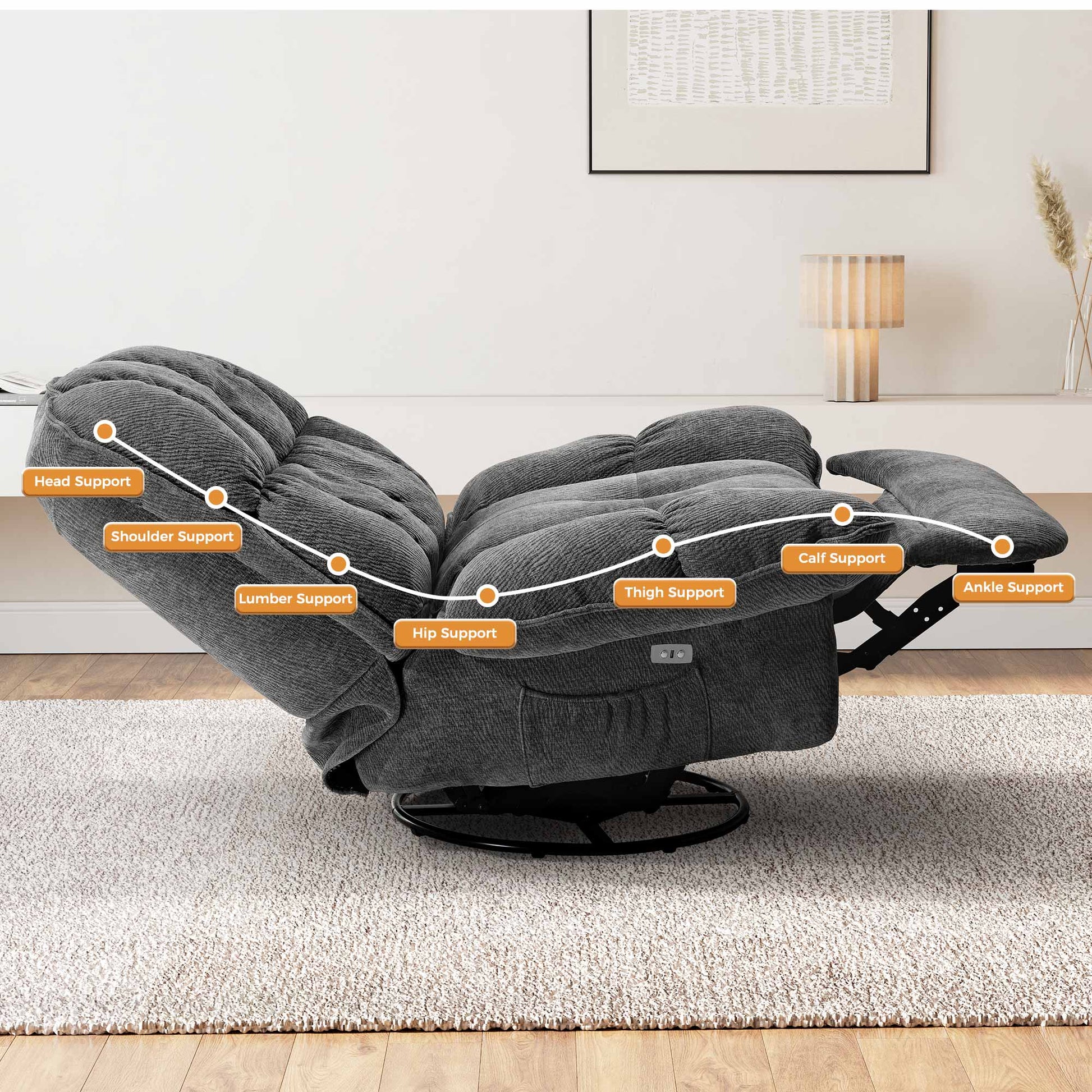 Grayson Power Recliner, Gray Fabric, Emphasizing Support for Head, Shoulders, Back, Legs and Feet.