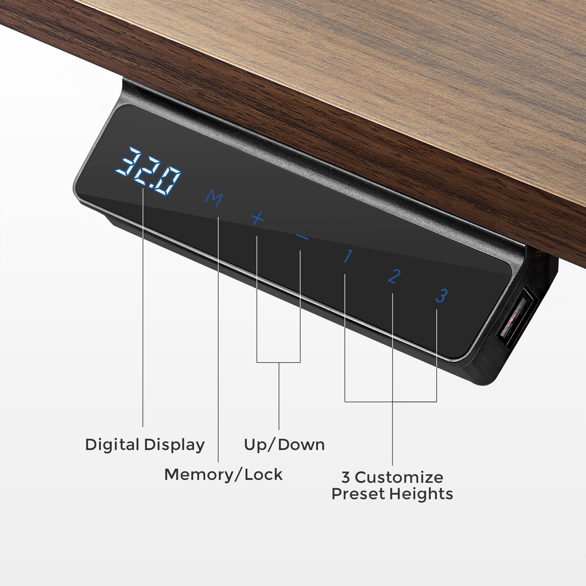Eureka Ergonomic Aero Pro Standing Desk Control Panel With Digital Display, Memory Settings, and 3 Customized Height Presets.