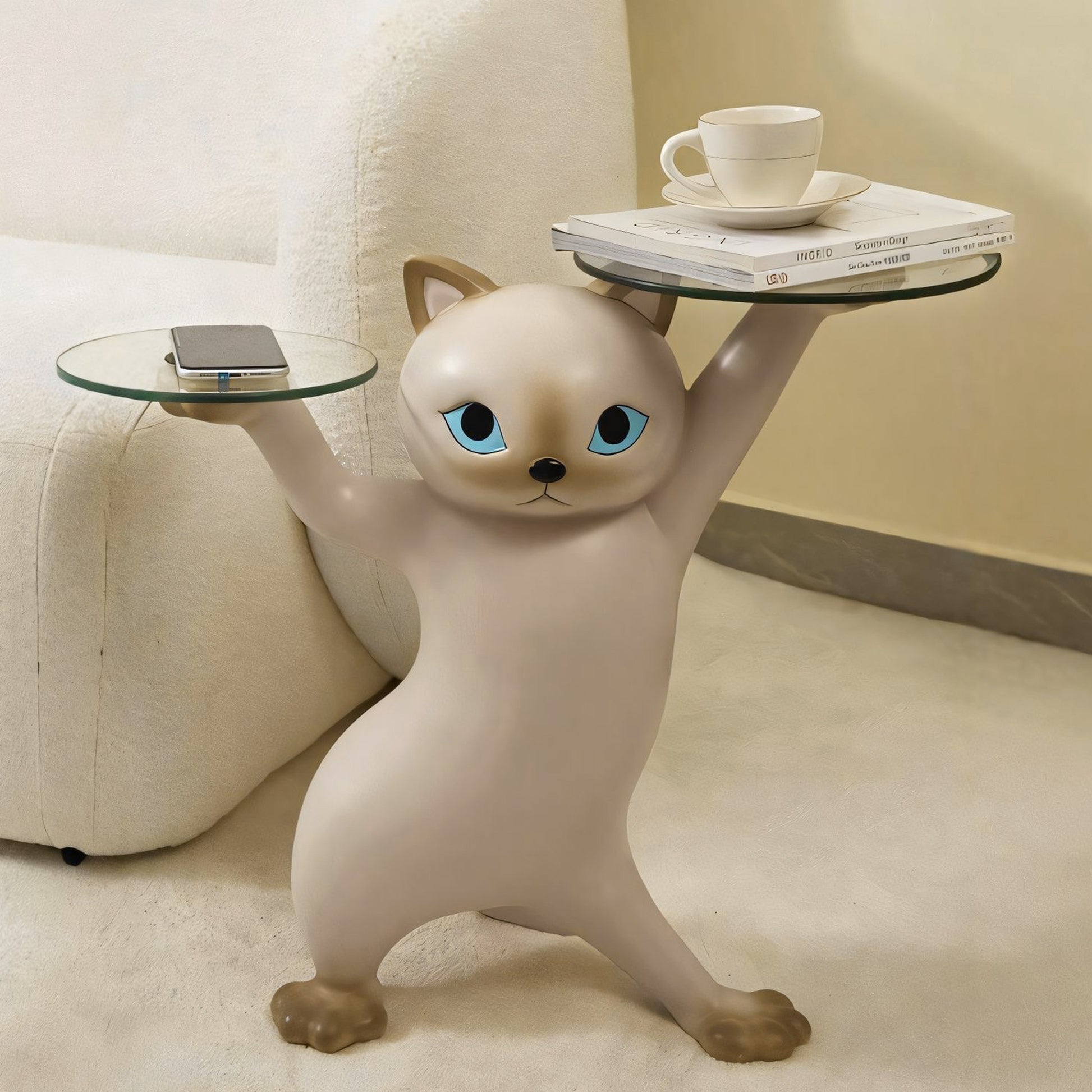 Enchanting Cat Side Table, Beige Cat Design With Dual Glass Trays, a Functional and Stylish Home Decor.