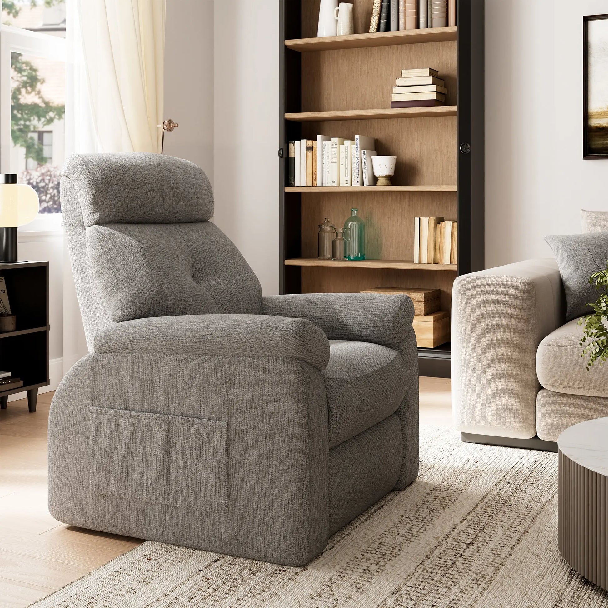 Grey Henry-Armrest Zero Gravity Recliner Chair in a Living Room Setting With Cotton-Linen Fabric, Comfort.