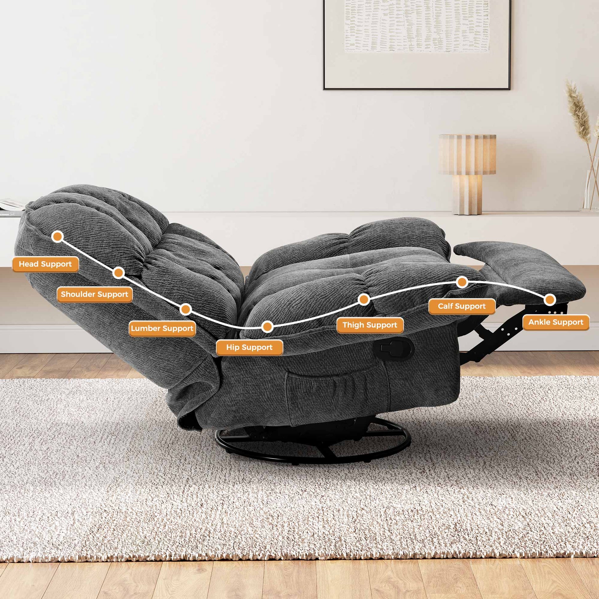 Grayson Manual Recliner Chair, Gray Chenille With Support Labels: Head, Shoulder, Lumbar, Hip, Thigh, Calf, Ankle.