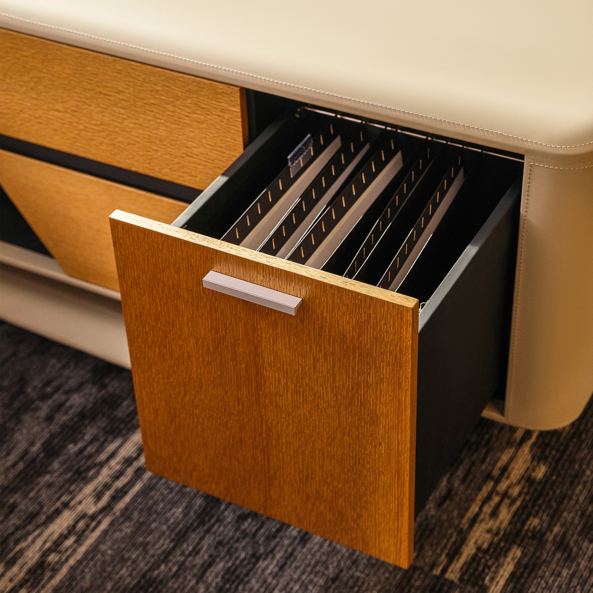 Eureka Ergonomic Zen Lunar desk: open drawer, wood grain front, metal handle, filing system, beige trim.