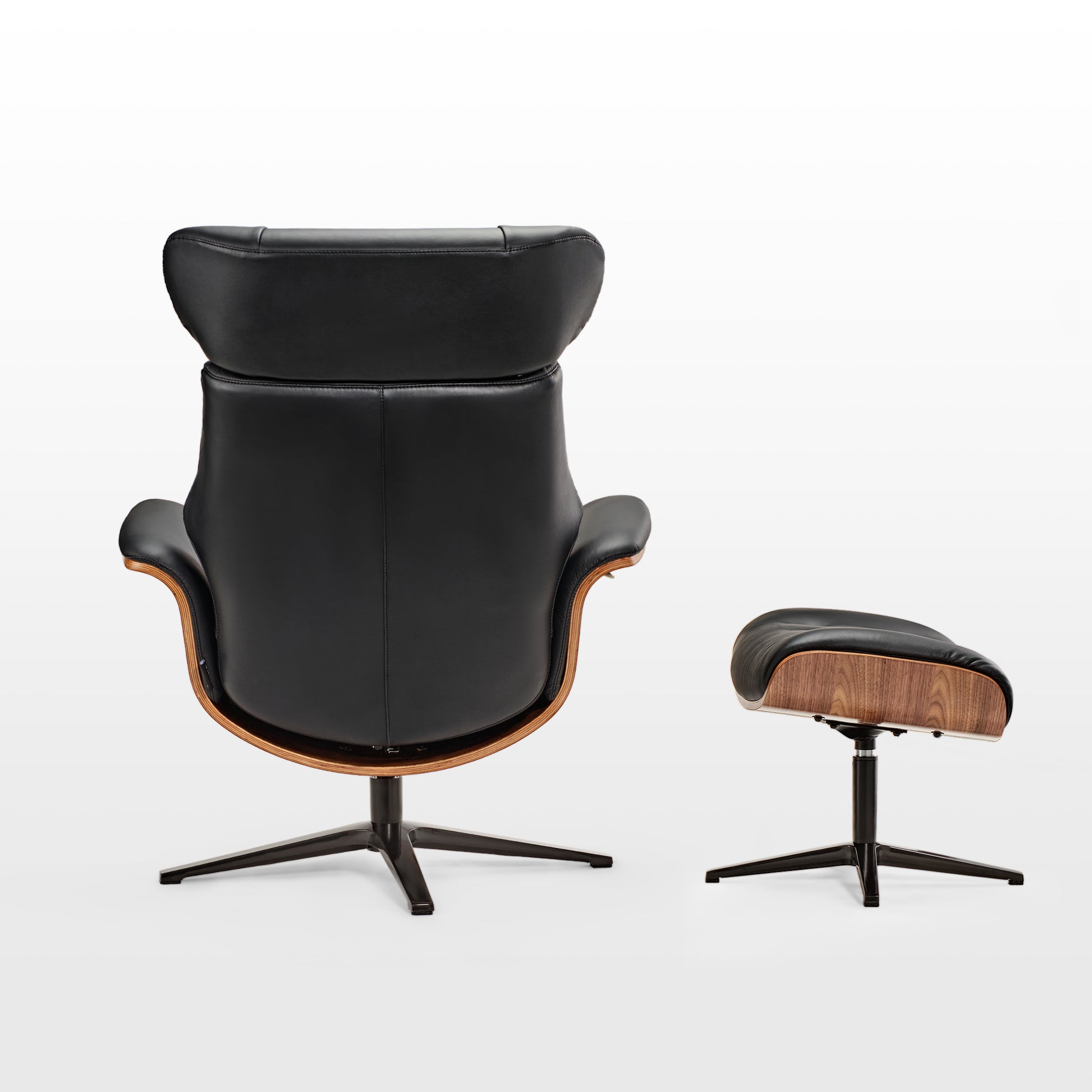 Matteo Lounge Chair and Ottoman in Black Leather and Wood Accents, Ergonomic Living Room Set.